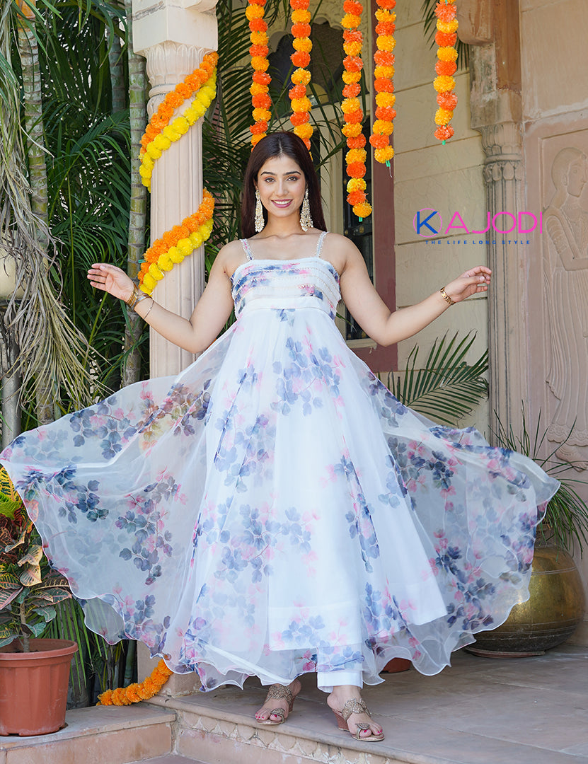 Mohini White Organza Floral Long Dress