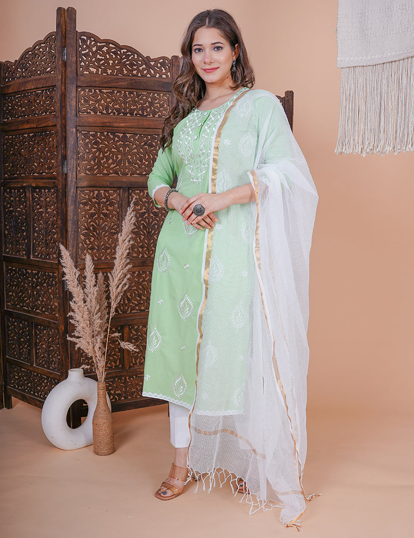 Light Green Embroidery Kurta With Pant and Dupatta (3 Nos in 1 Set)