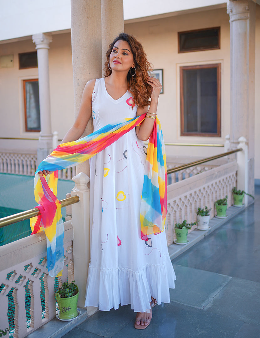 knee length dresses for ladies Long Flare White Dress With Dupatta (2 Nos in 1 Set)
