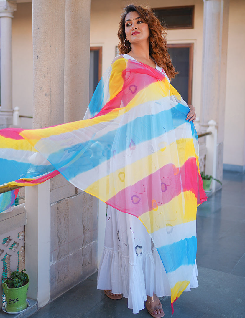 Long Flare White Dress With Dupatta (2 Nos in 1 Set)