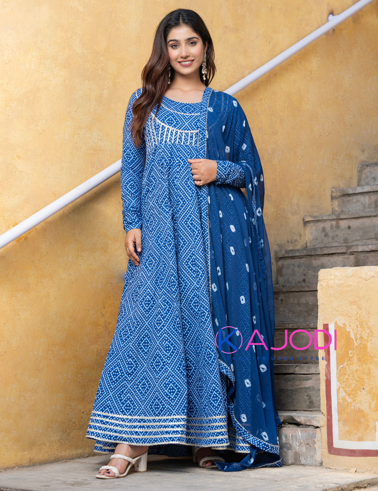 Blue Bandhej Tunic Long Dress