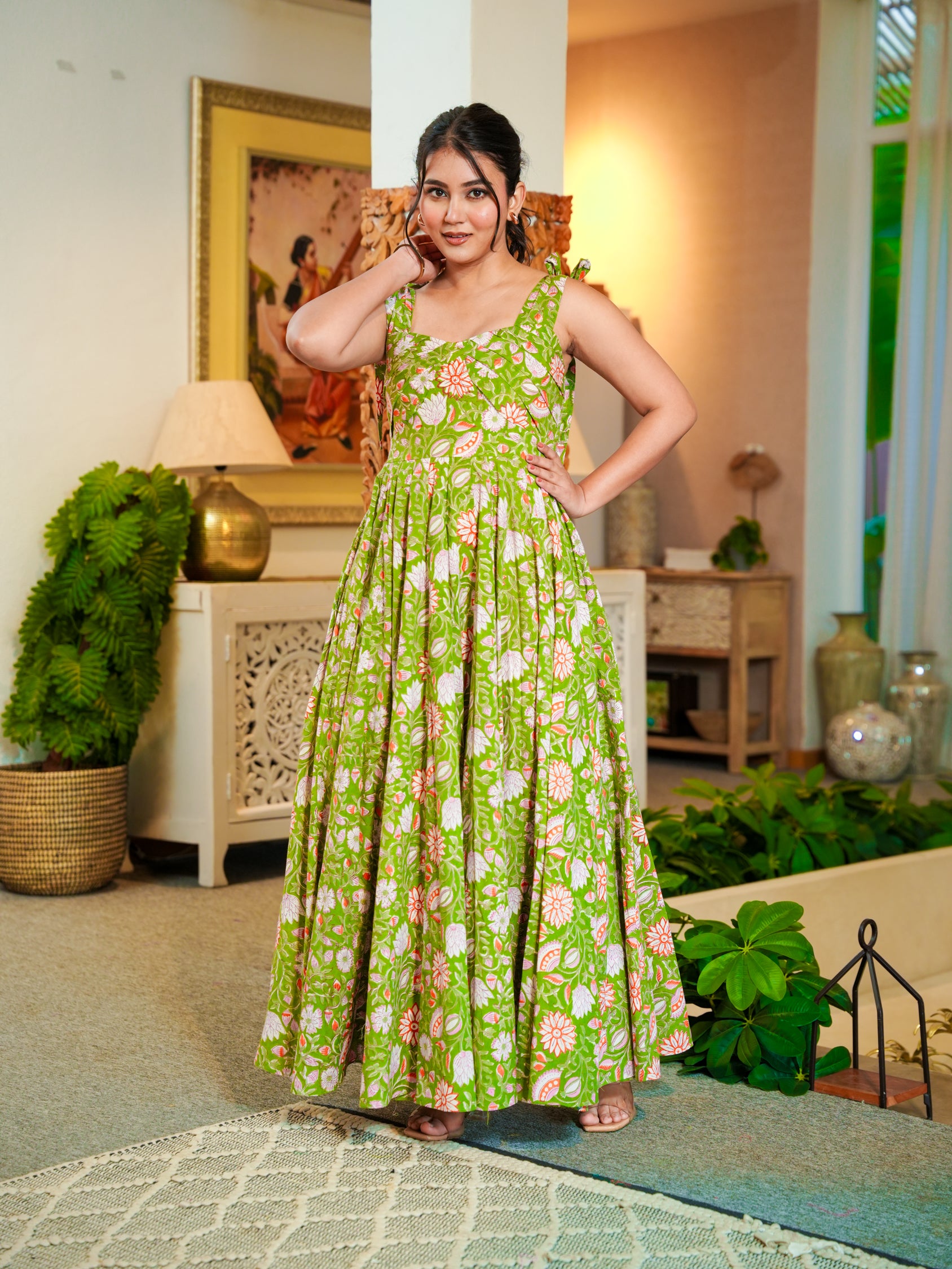 Green Deep back Floral Cotton Dress