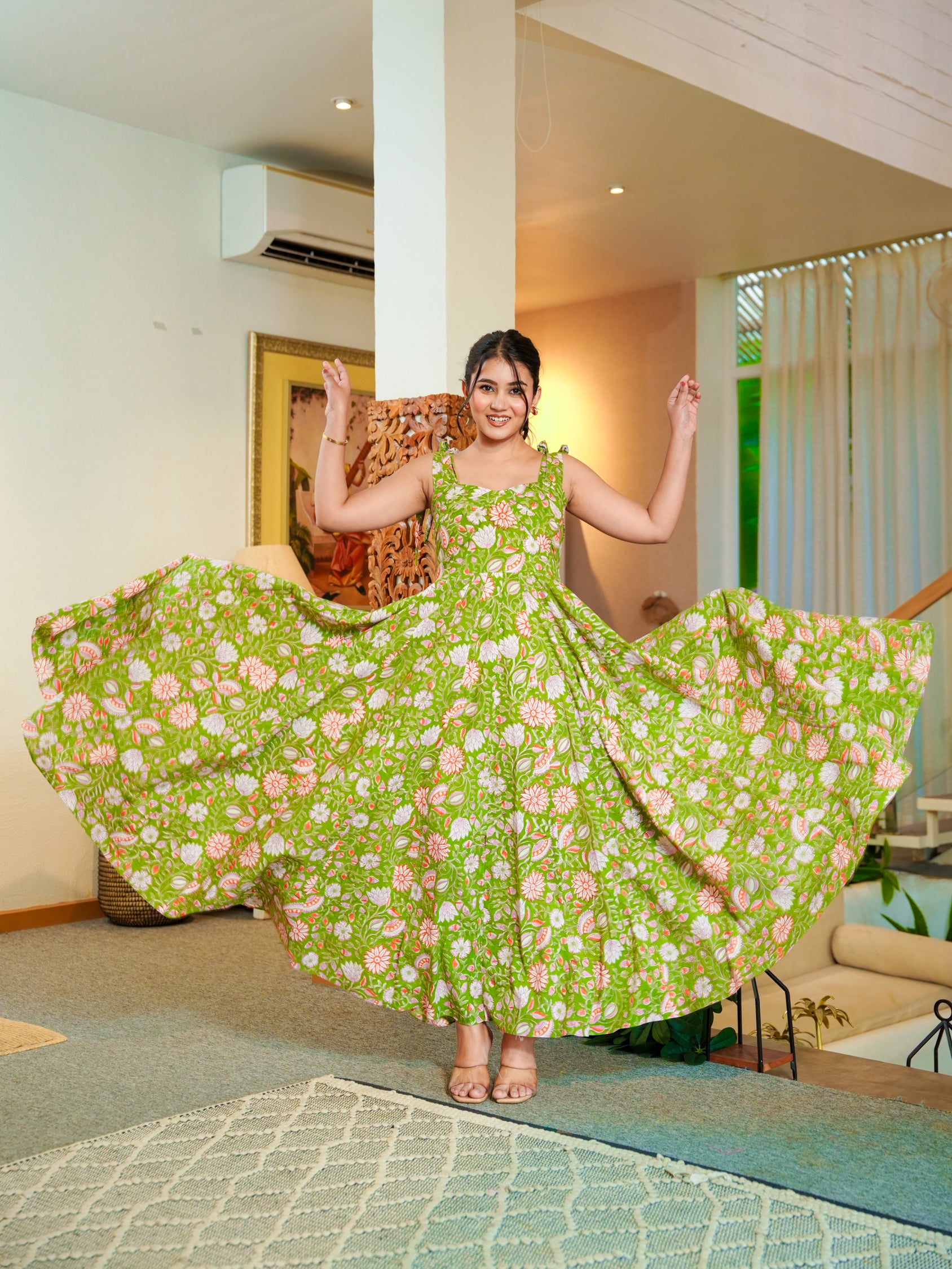 Green Deep back Floral Cotton Dress Green Deep back Floral Cotton Dress