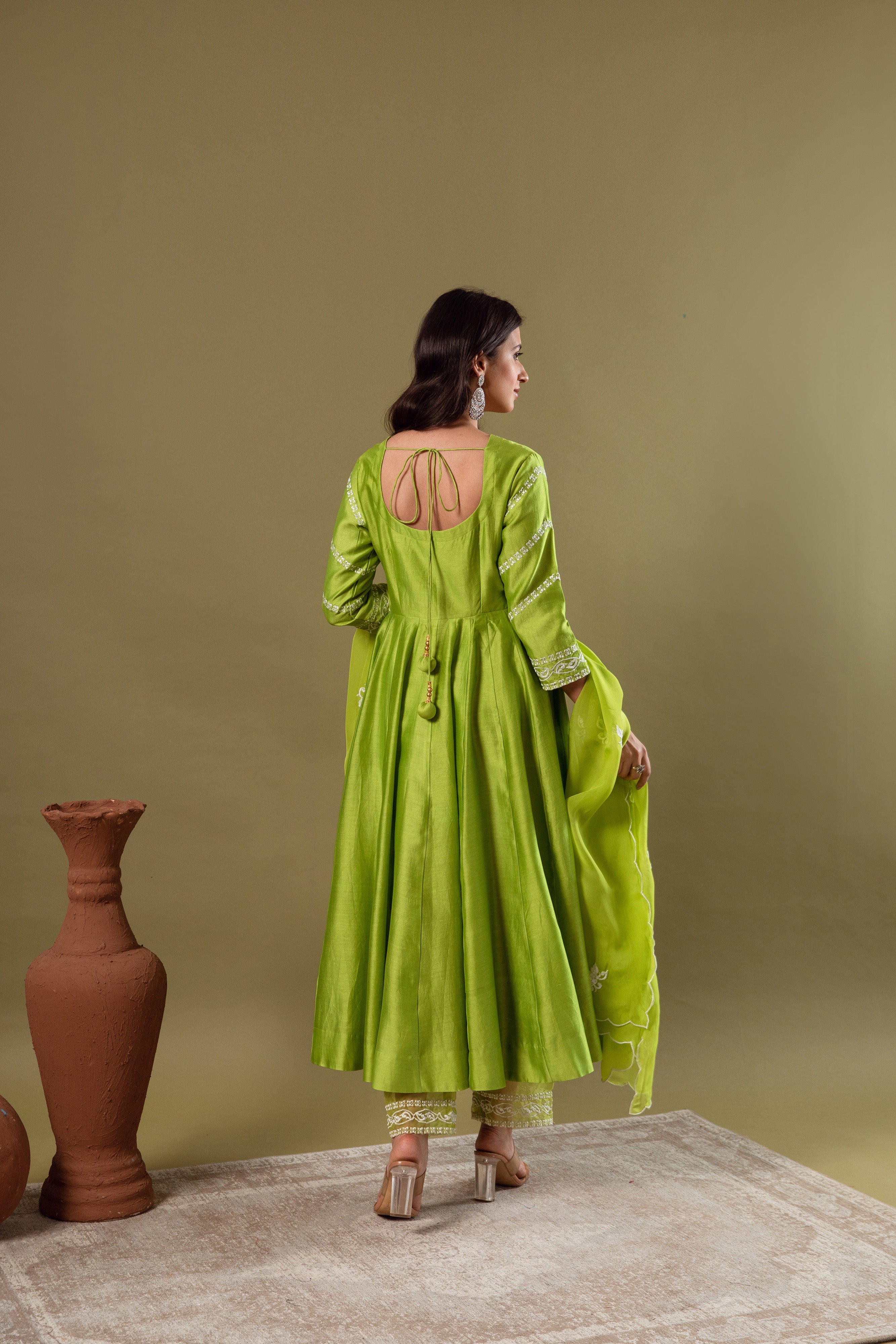 KAJODI LIME GREEN CHANDERI ANARKALI SET