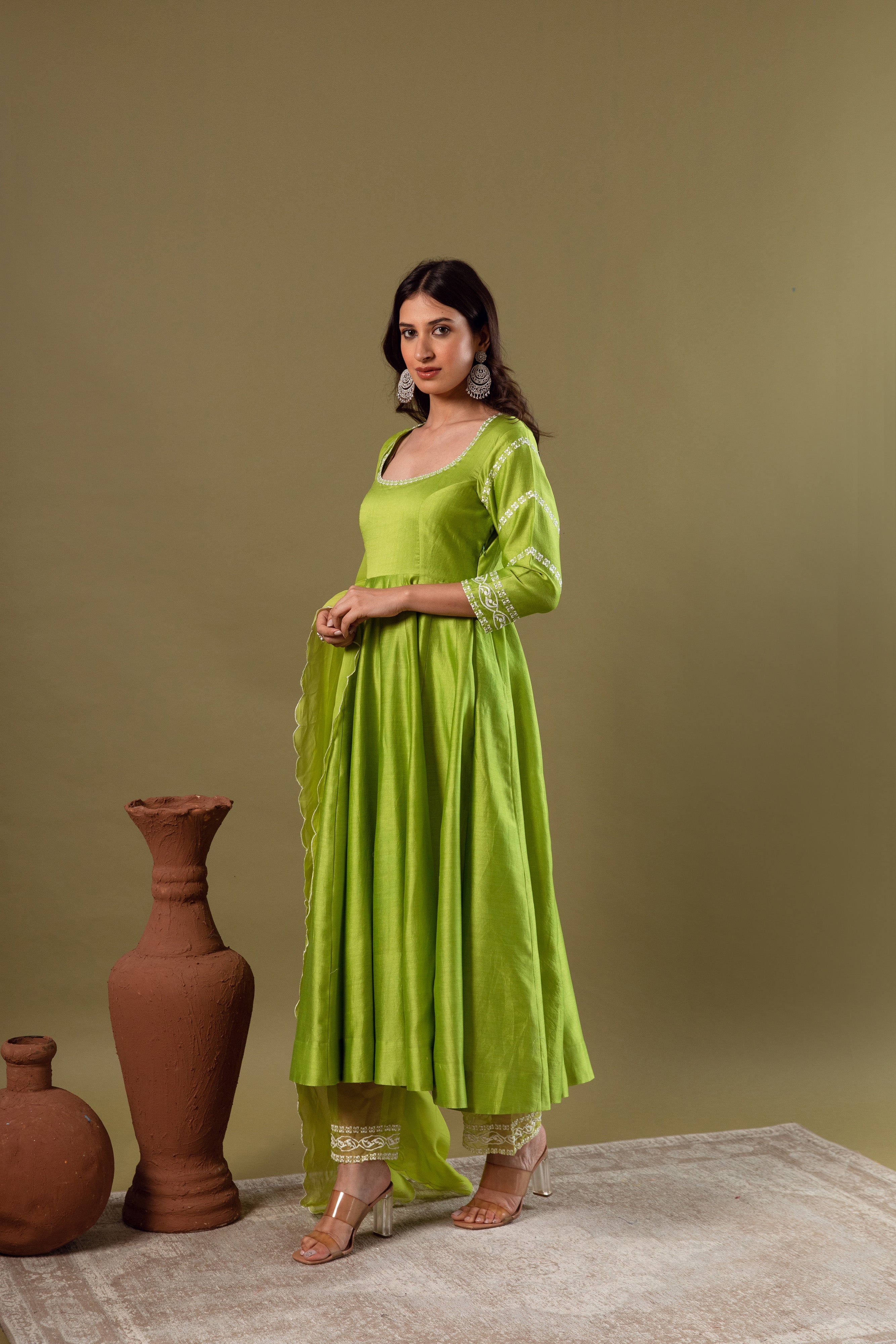 KAJODI LIME GREEN CHANDERI ANARKALI SET