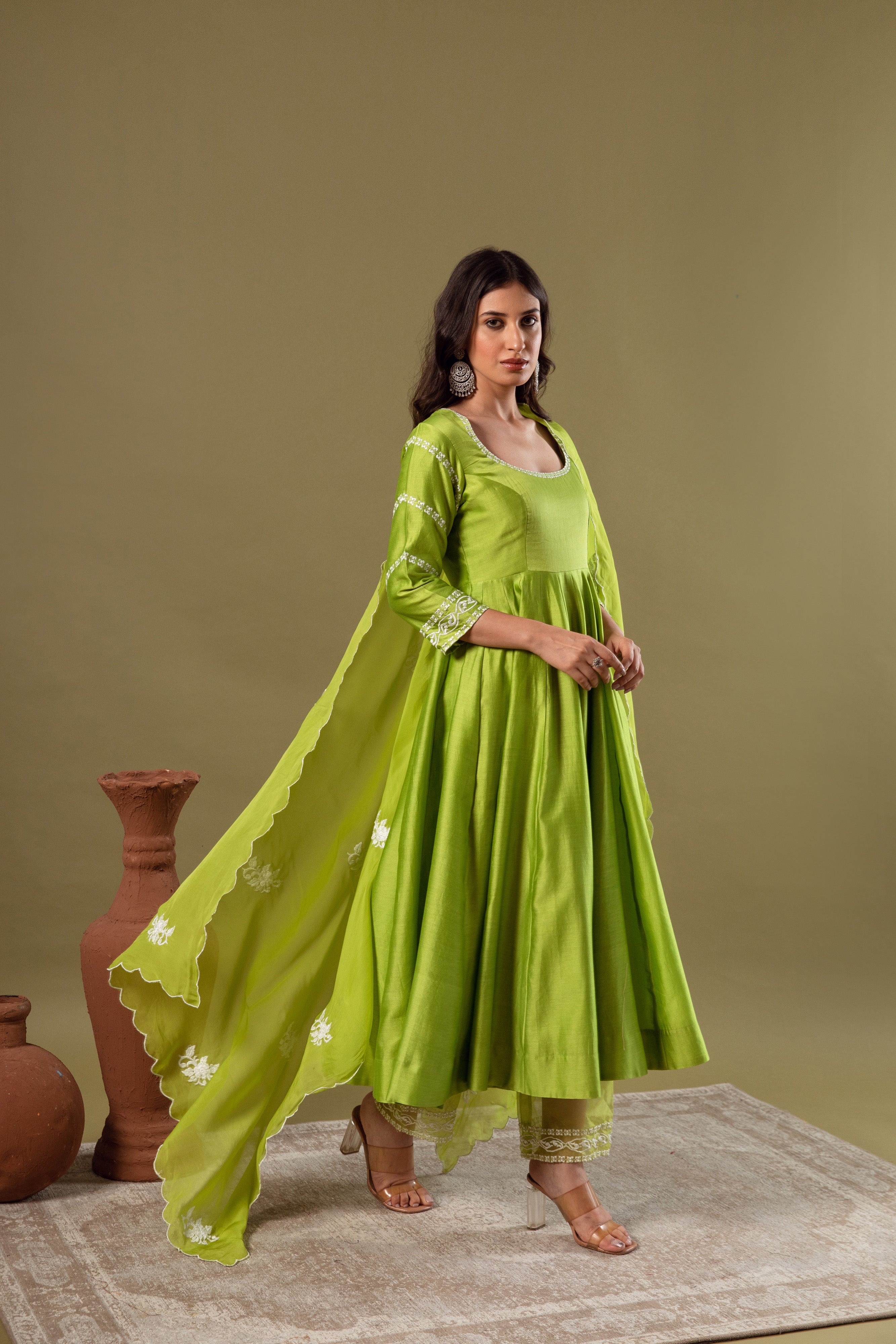 KAJODI LIME GREEN CHANDERI ANARKALI SET