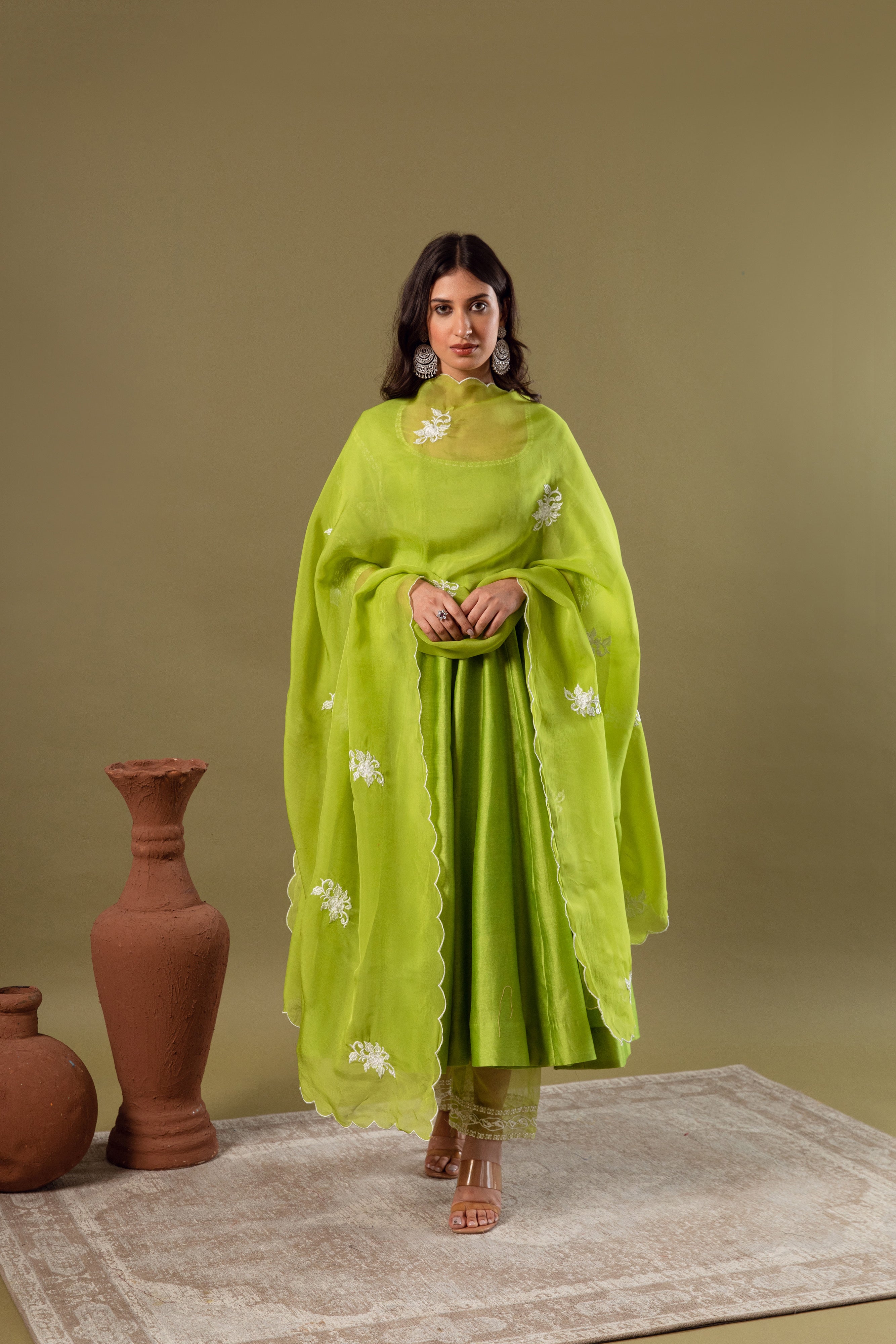 KAJODI LIME GREEN CHANDERI ANARKALI SET