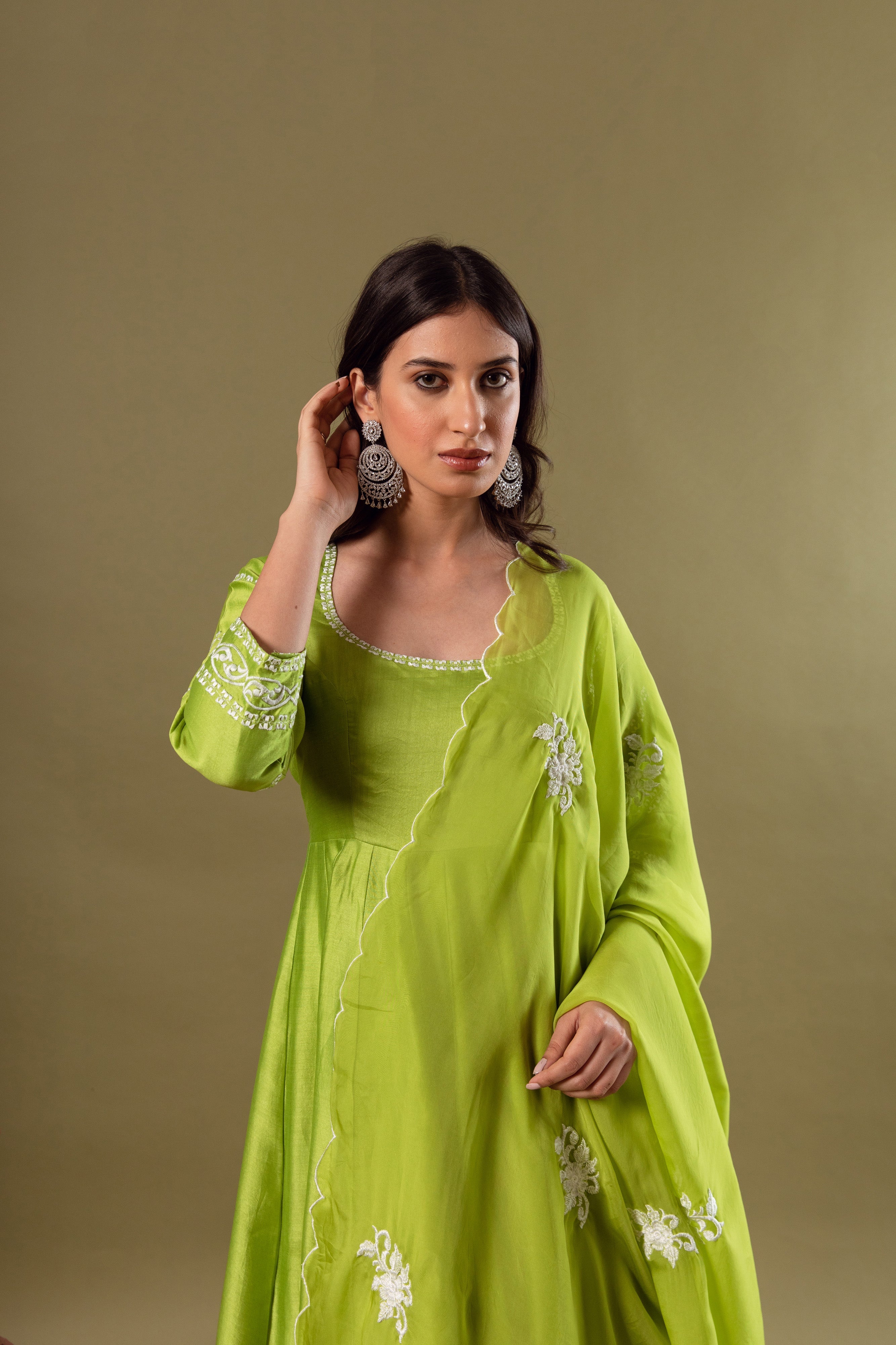 KAJODI LIME GREEN CHANDERI ANARKALI SET