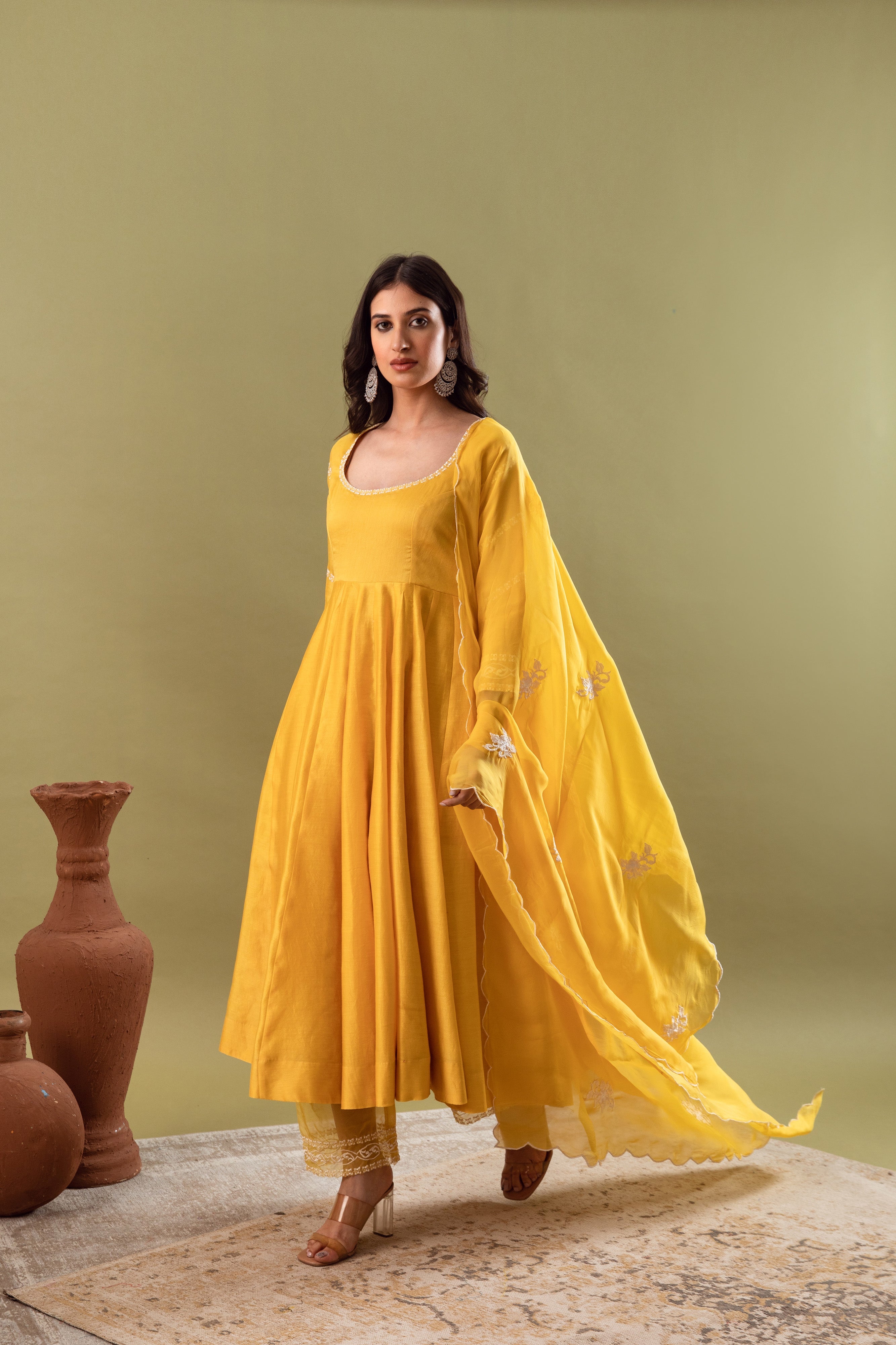 KAJODI MUSTARD YELLOW CHANDERI ANARKALI SET