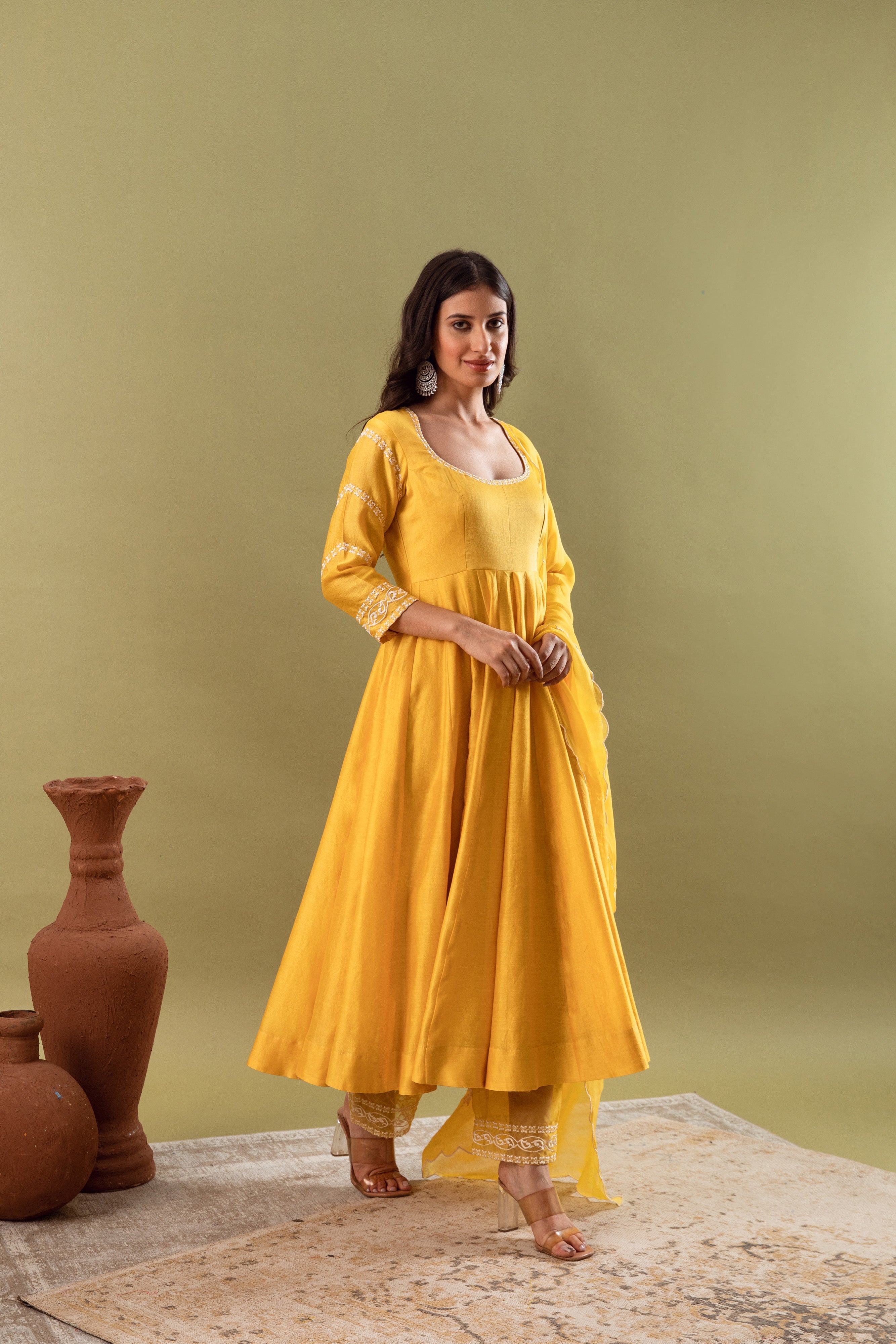 KAJODI MUSTARD YELLOW CHANDERI ANARKALI SET