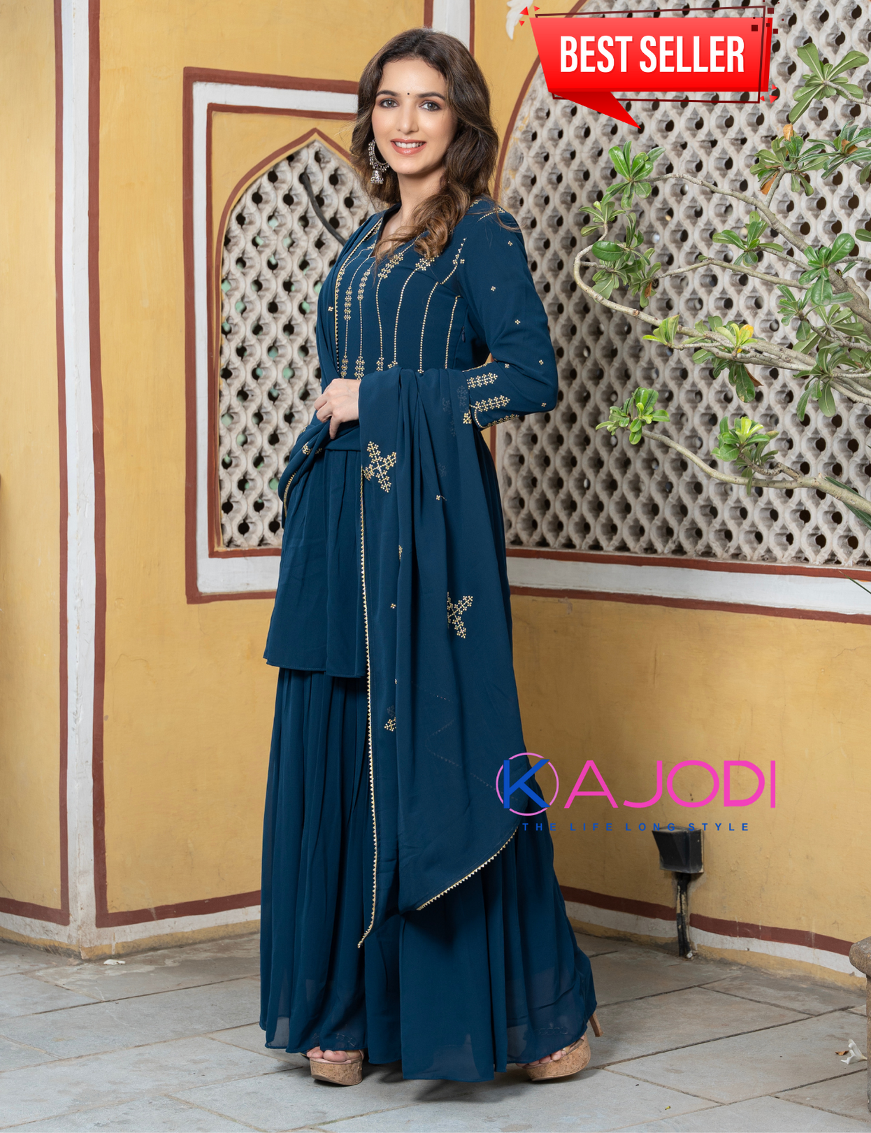 Women Blue Embroidery Sharara Set