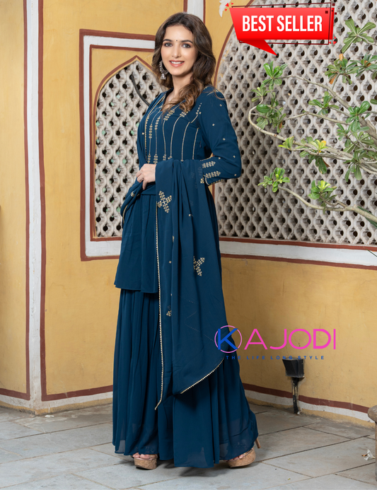 Women Blue Embroidery Sharara Set