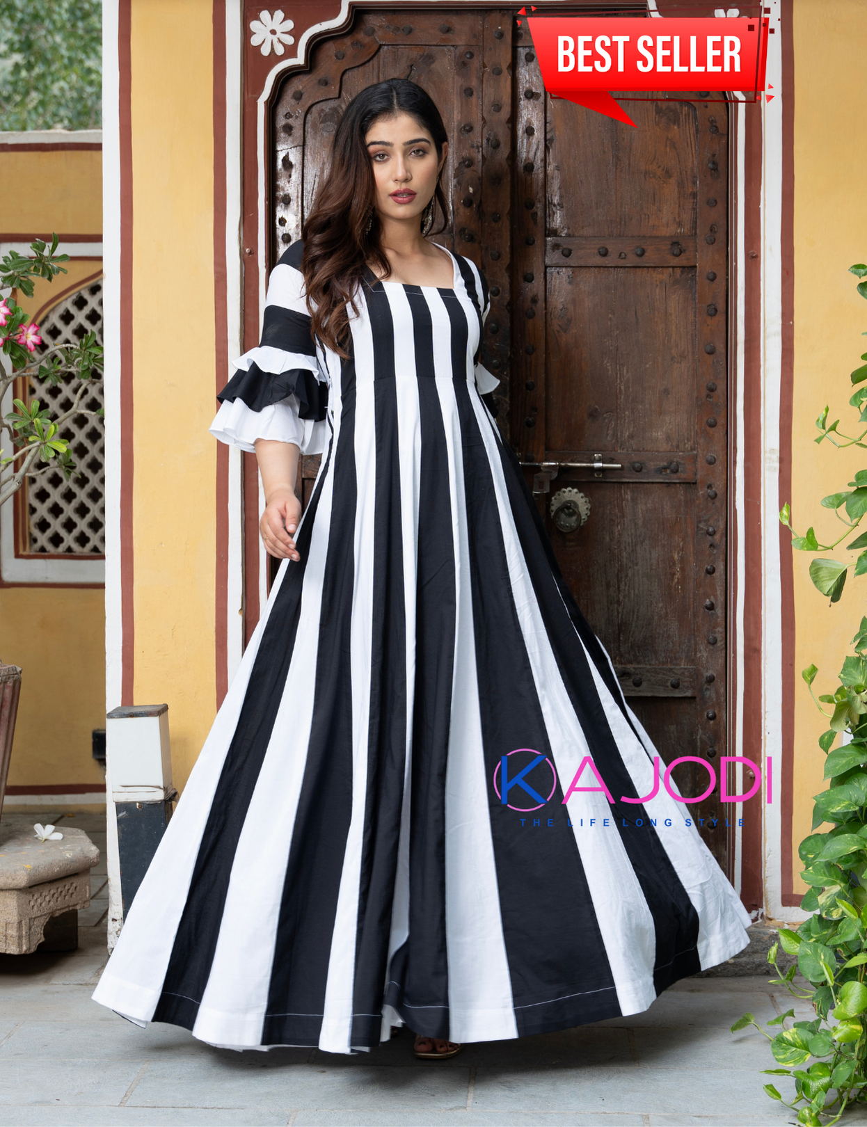 Black White Combo Long Dress