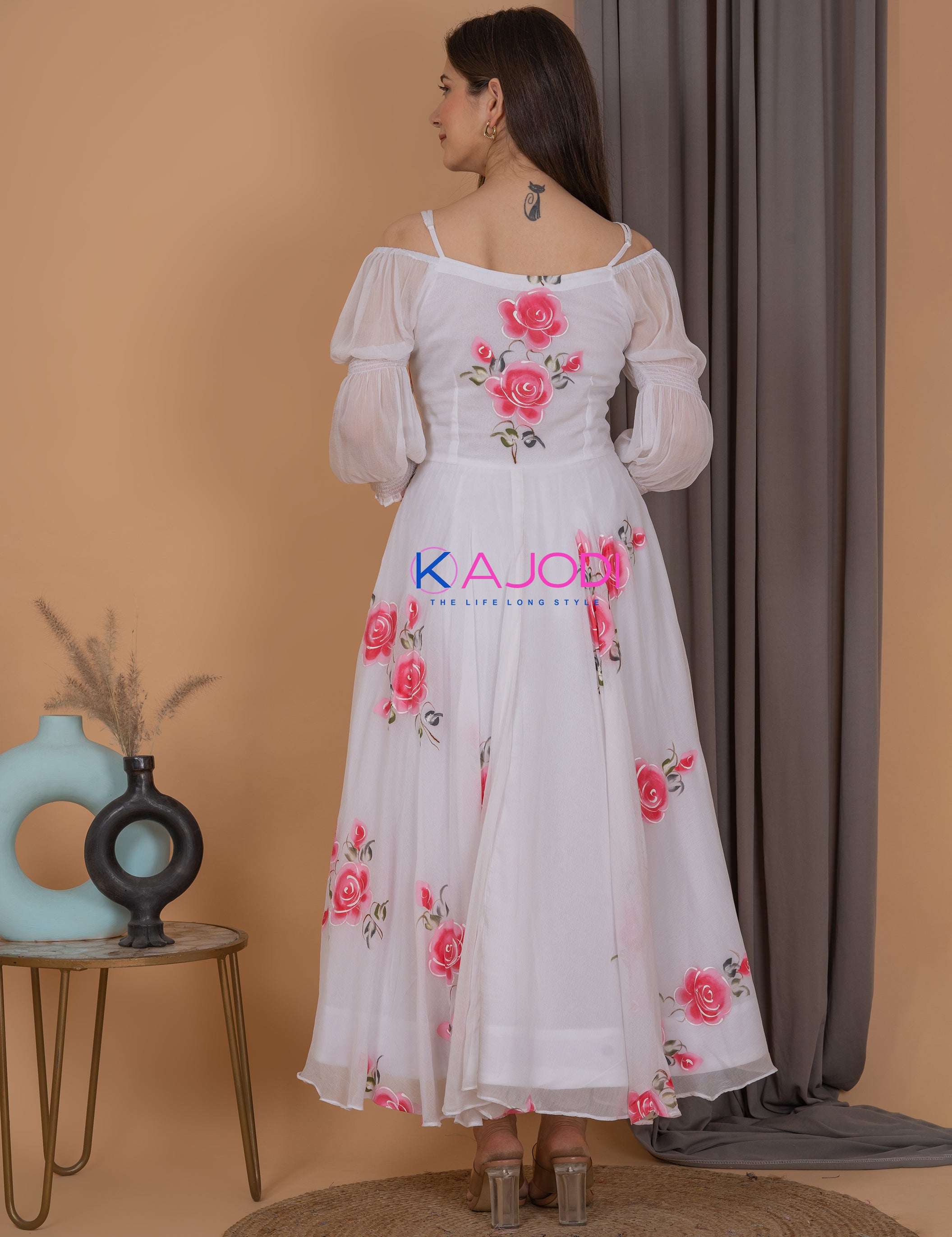White Colour Designer Printed Partywear Gown With Attached Dupatta And Belt  - KSM PRINTS - 4144535