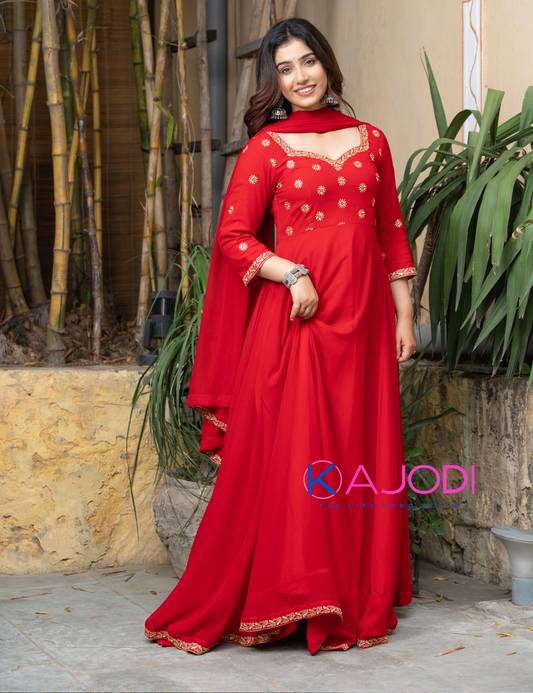 Sine Red Embroidery Long Suit Set