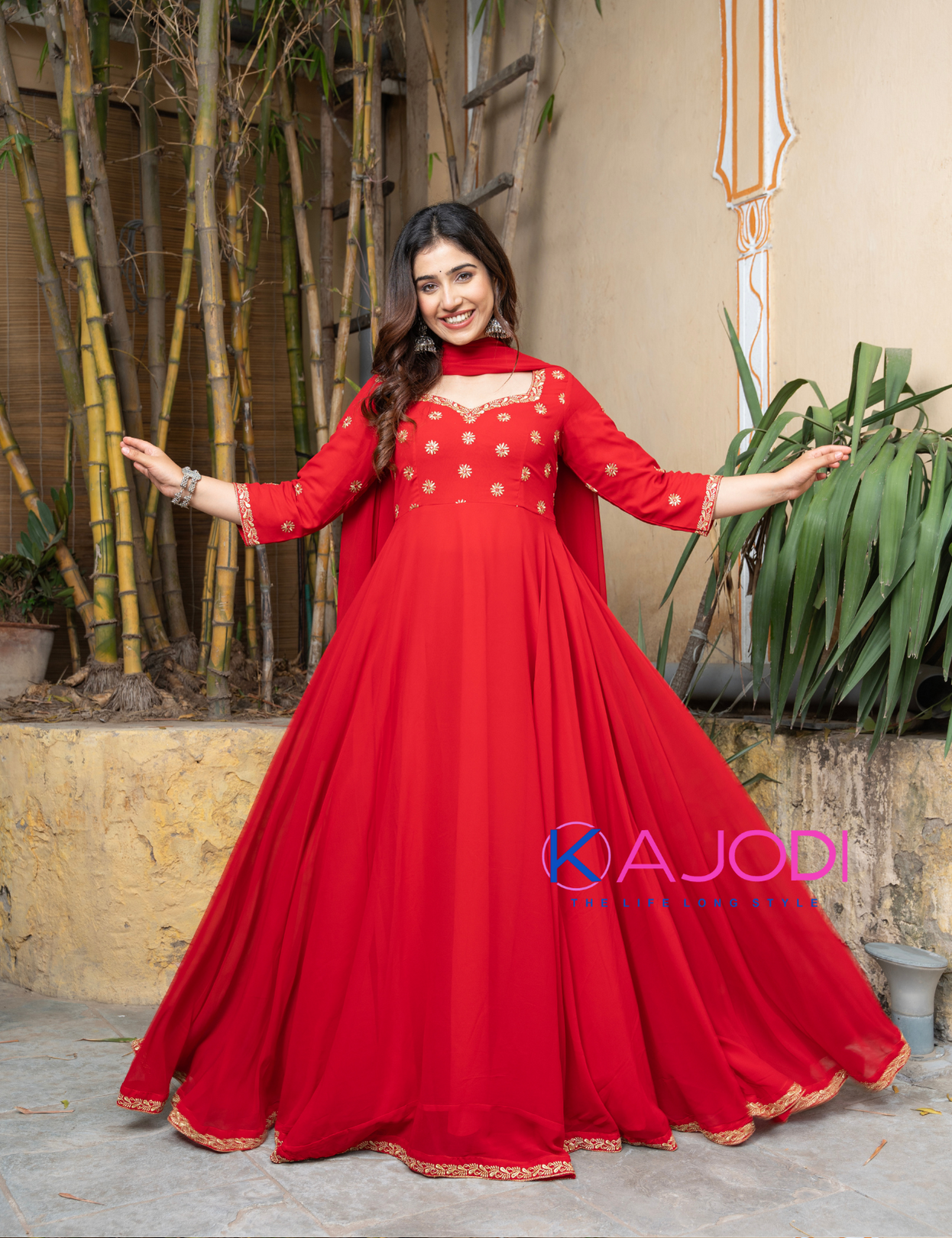 Sine Red Embroidery Long Suit Set