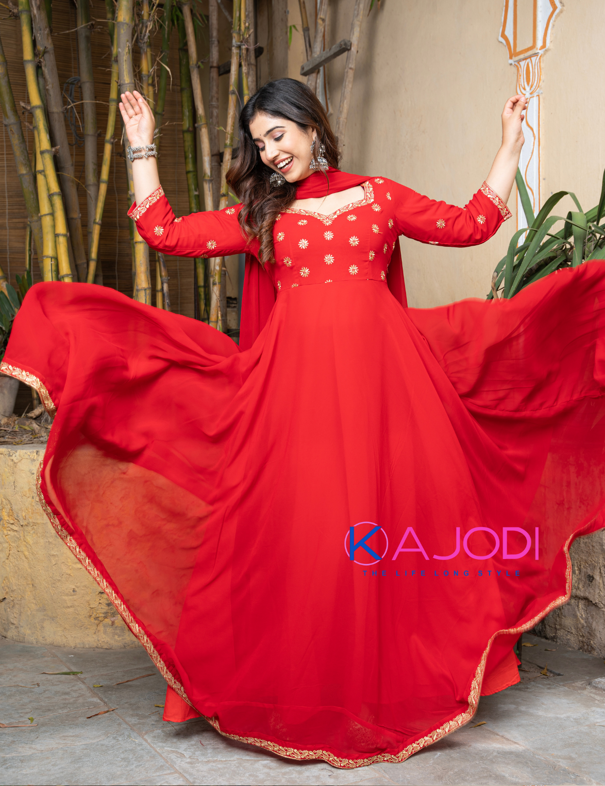 Sine Red Embroidery Long Suit Set