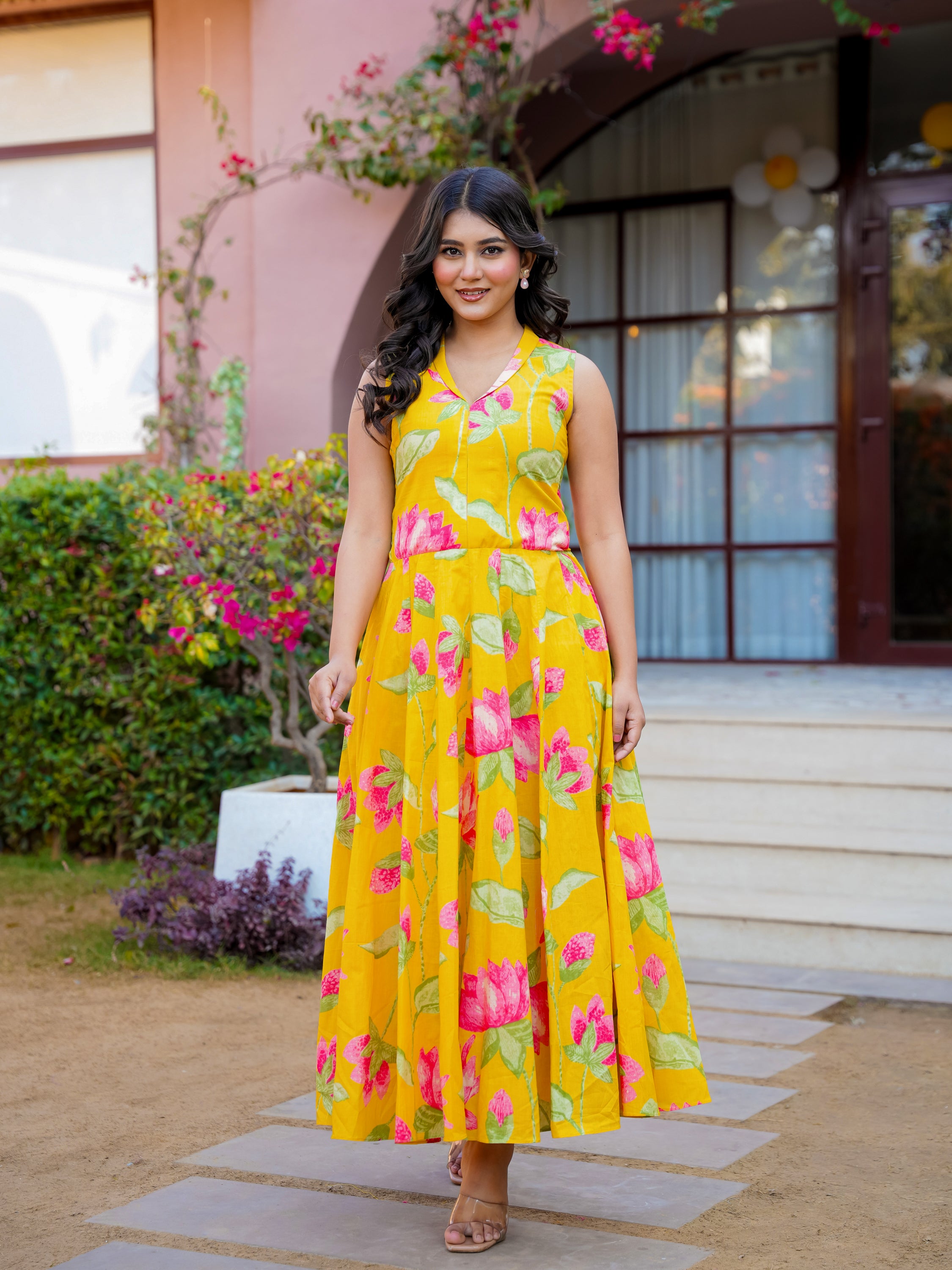 Yellow Pink Floral Cotton Dress