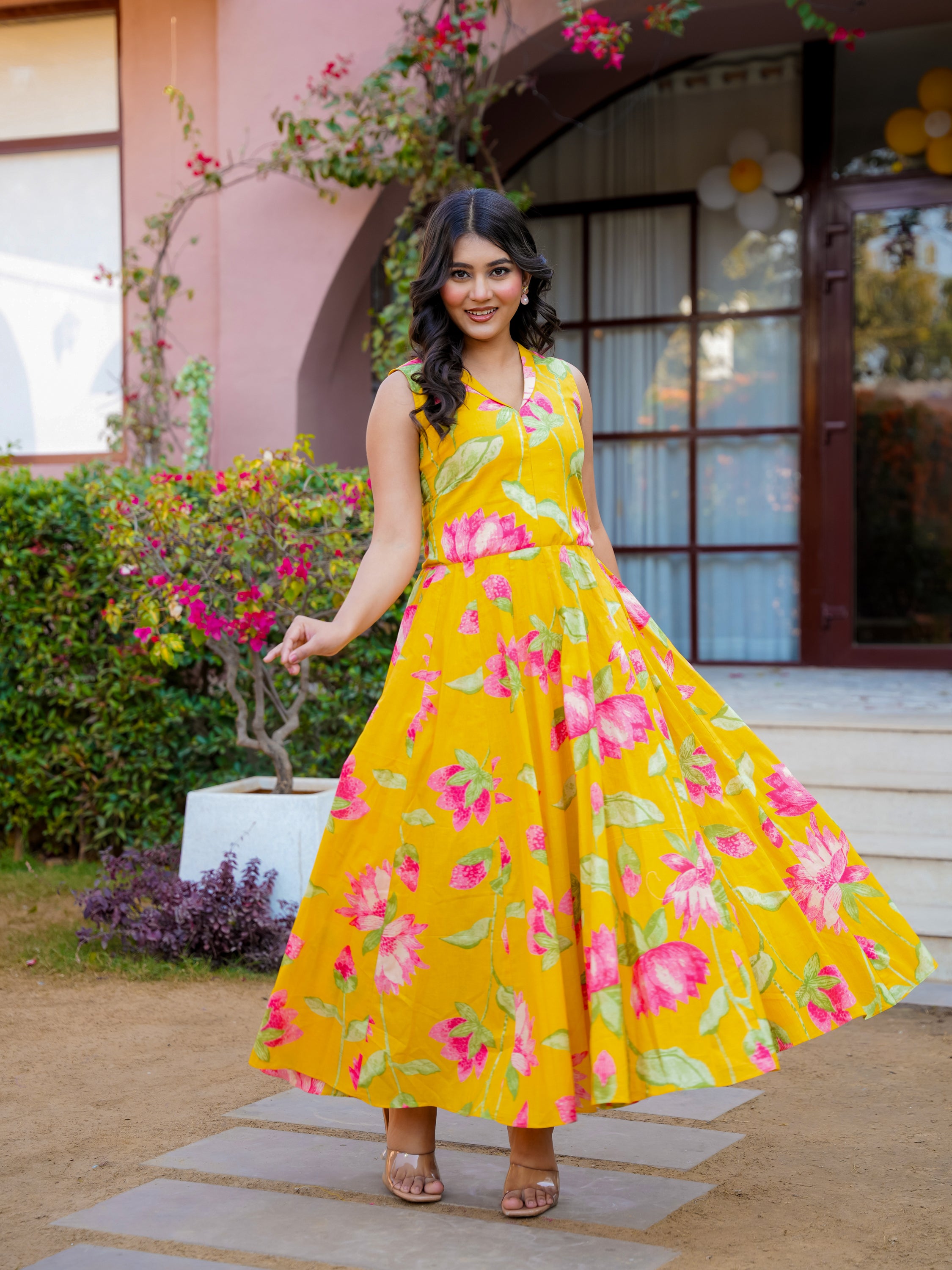 Yellow Pink Floral Cotton Dress