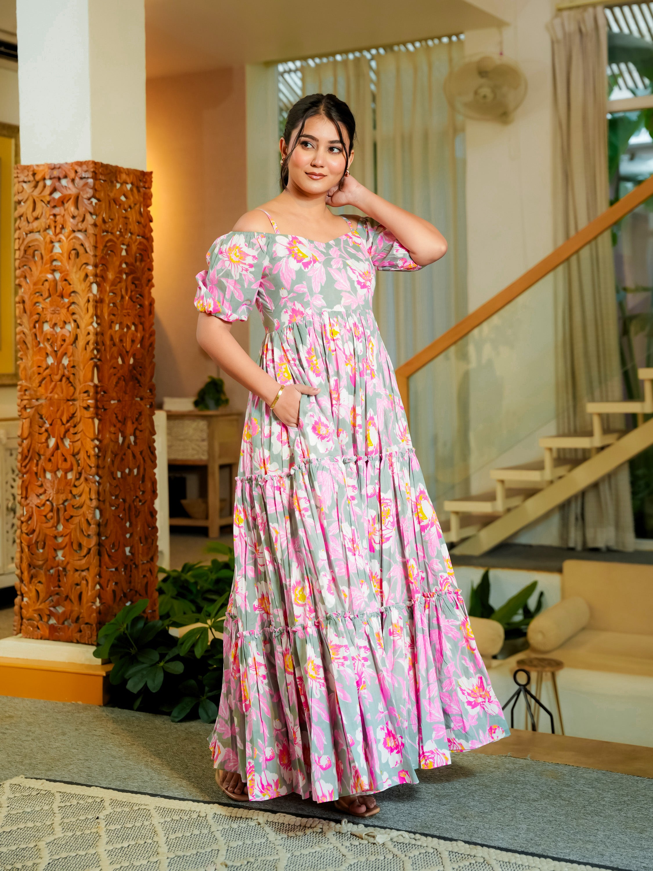 Garima Pink Cotton Floral Dress
