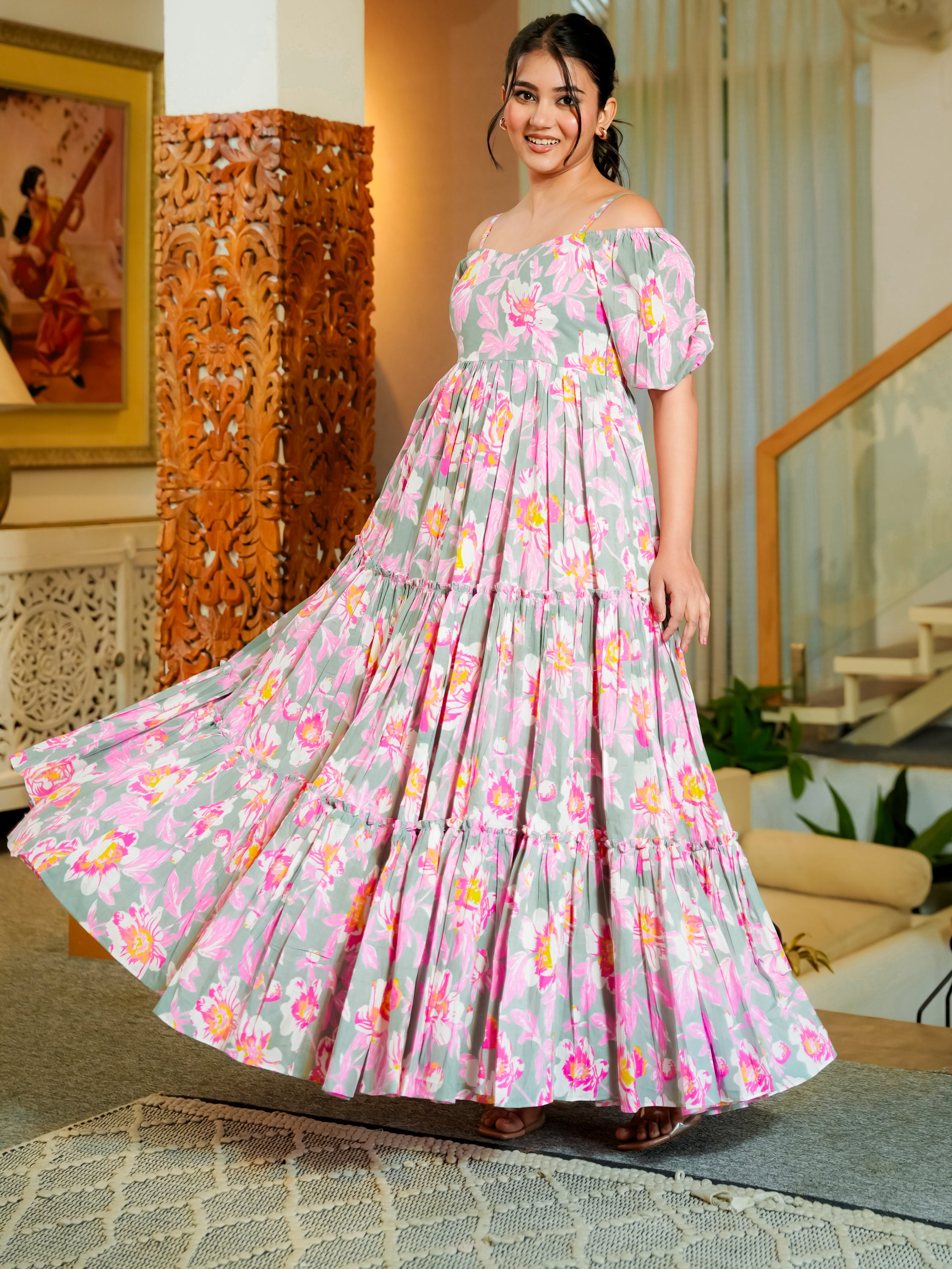 Garima Pink Cotton Floral Dress