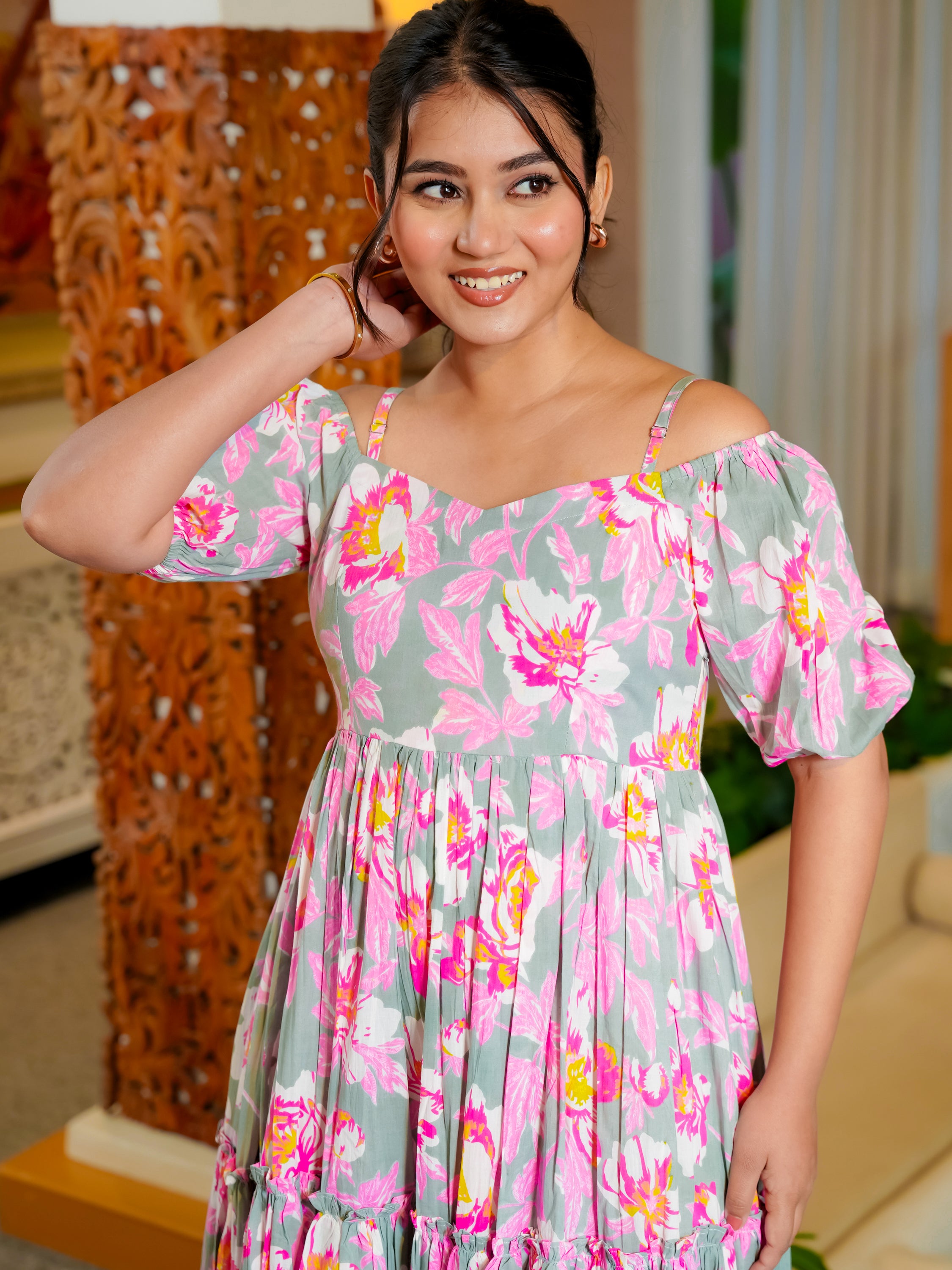 Garima Pink Cotton Floral Dress