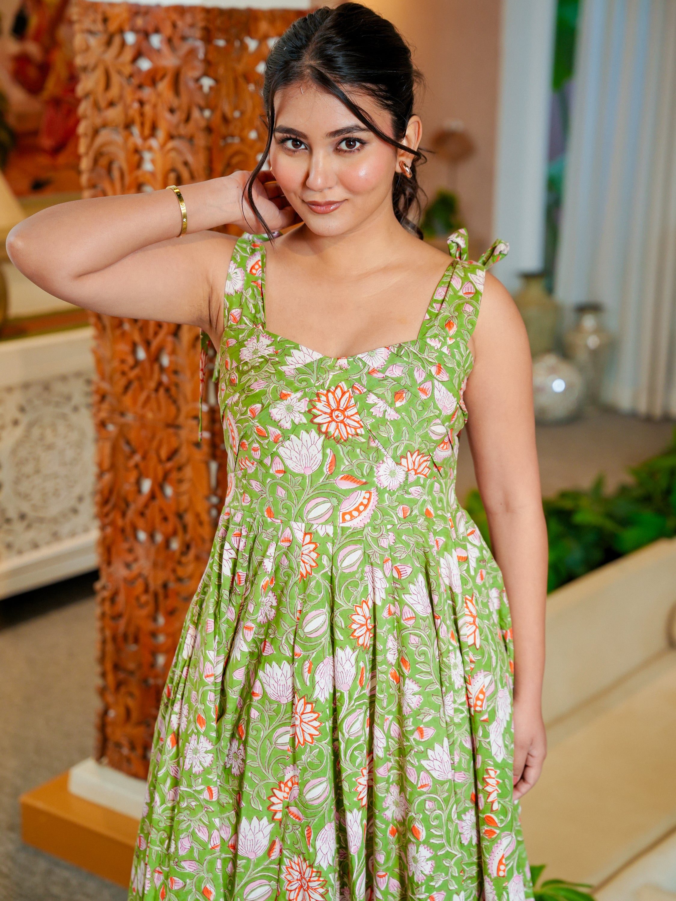 Green Deep back Floral Cotton Dress