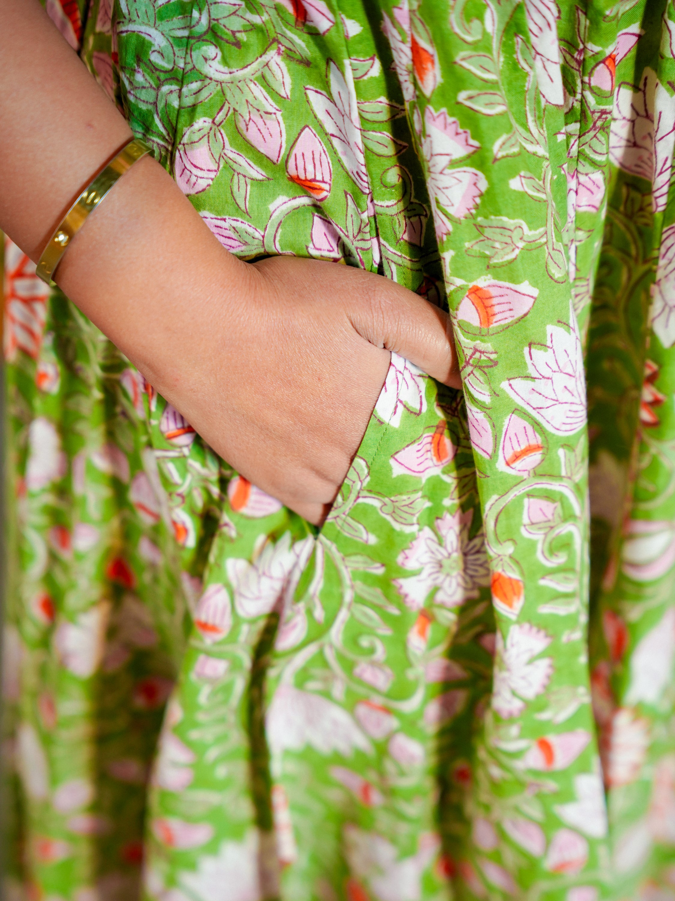 Green Deep back Floral Cotton Dress