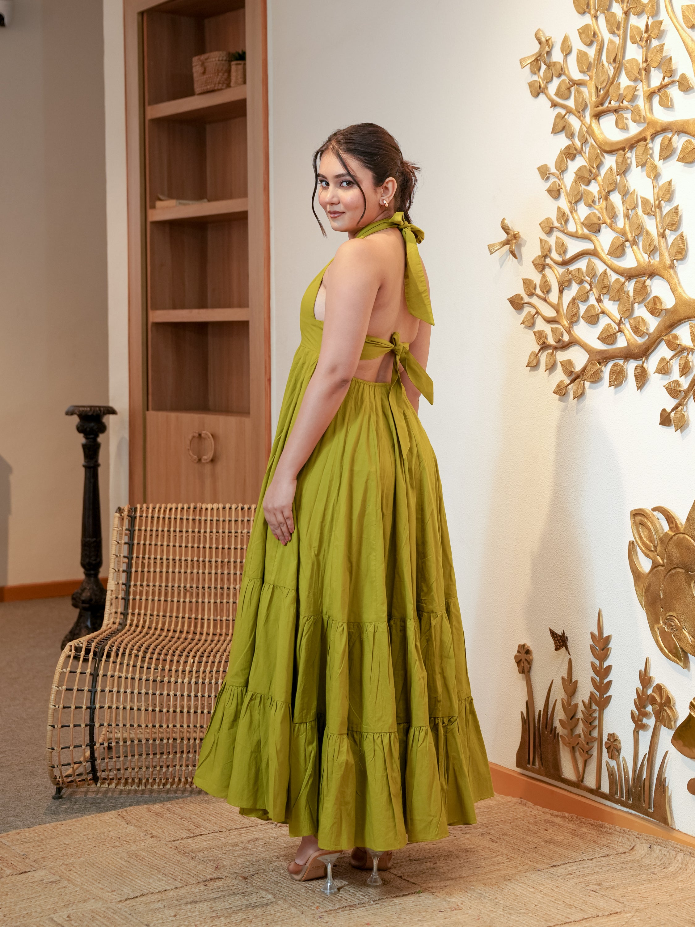 Green Blushed Backless Cotton Dress