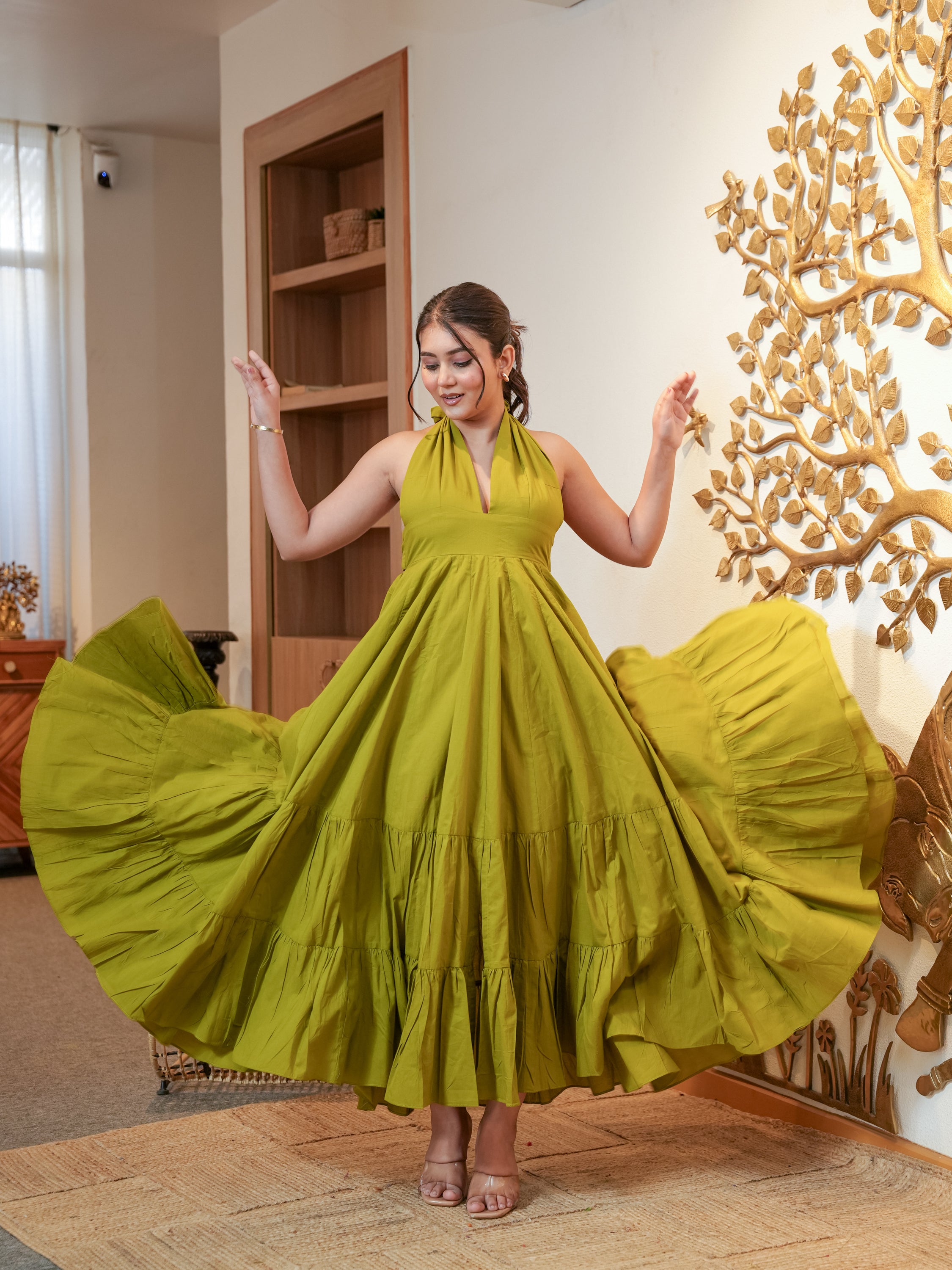 Green Blushed Backless Cotton Dress