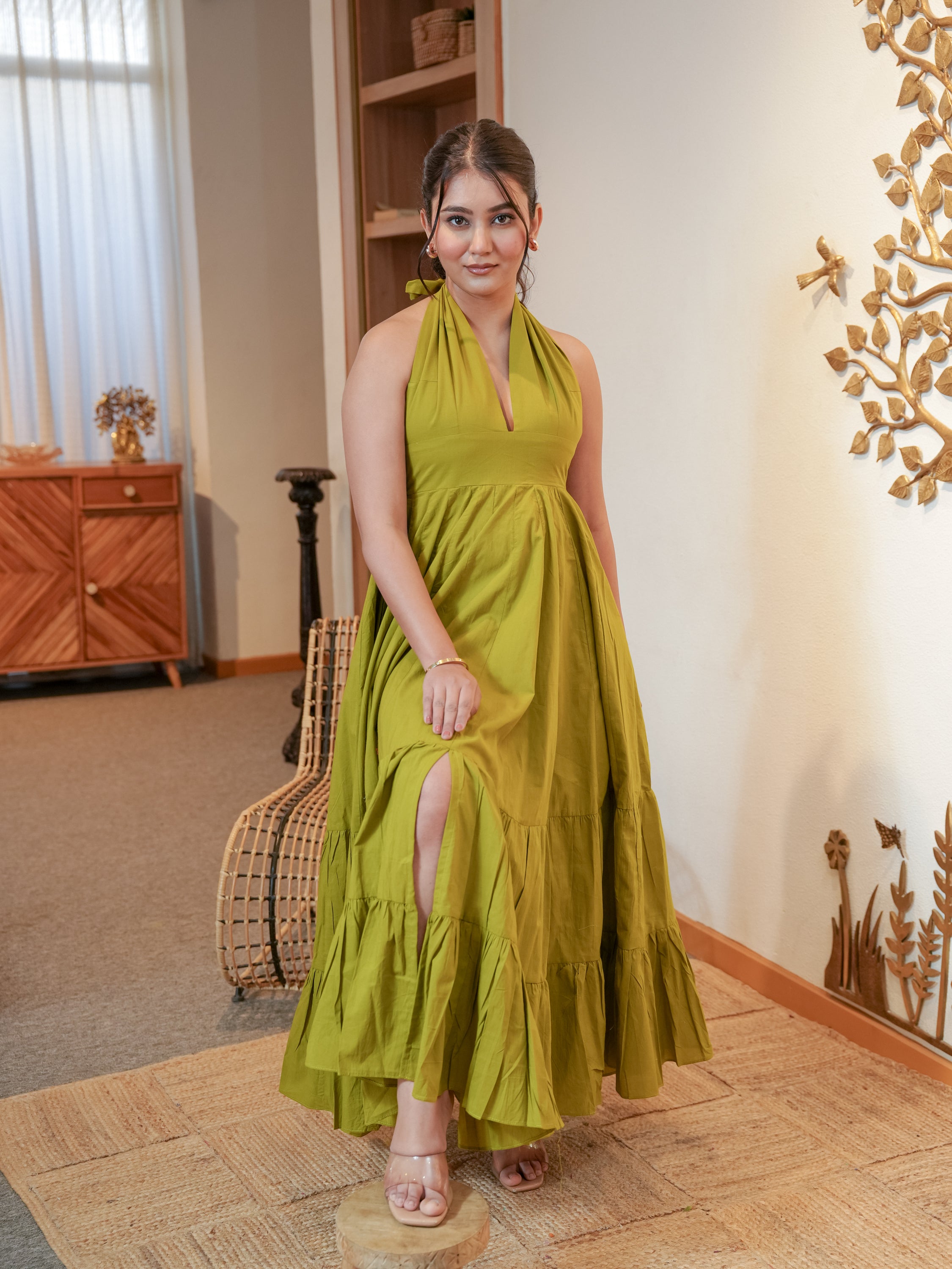 Green Blushed Backless Cotton Dress