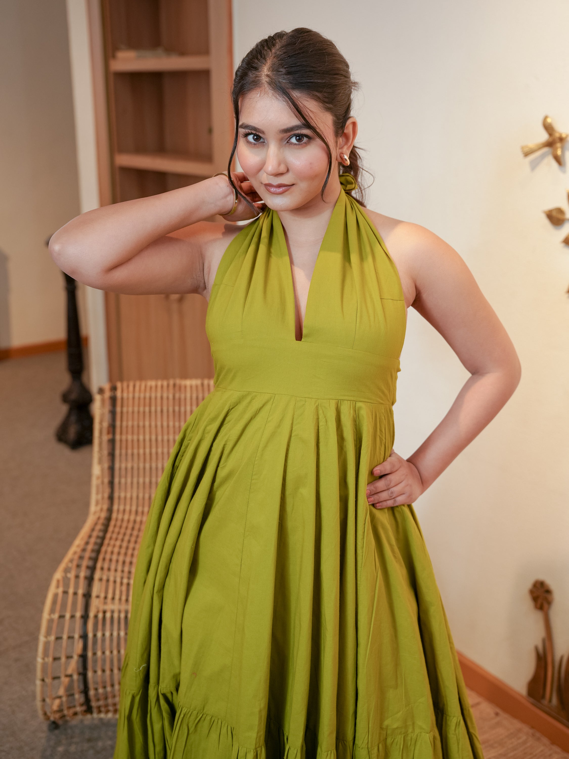 Green Blushed Backless Cotton Dress