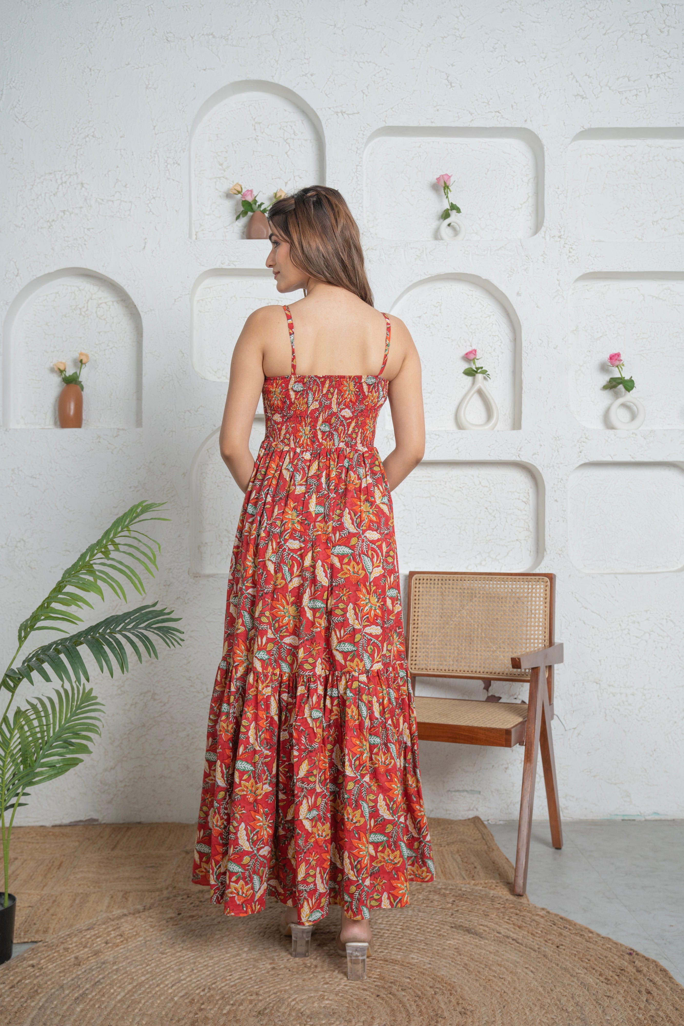 Women Red Floral Cotton Maxi Dress