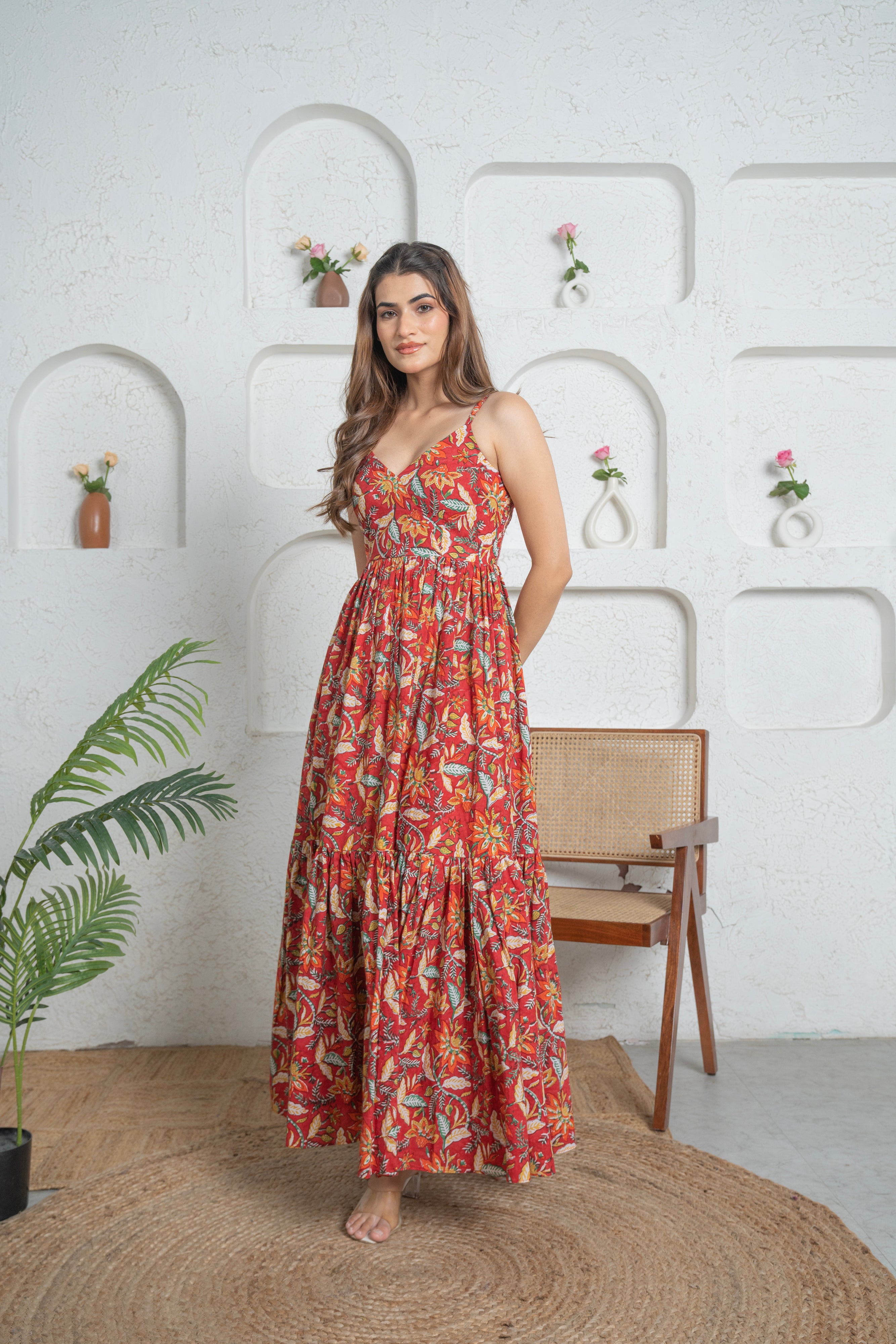 Women Red Floral Cotton Maxi Dress