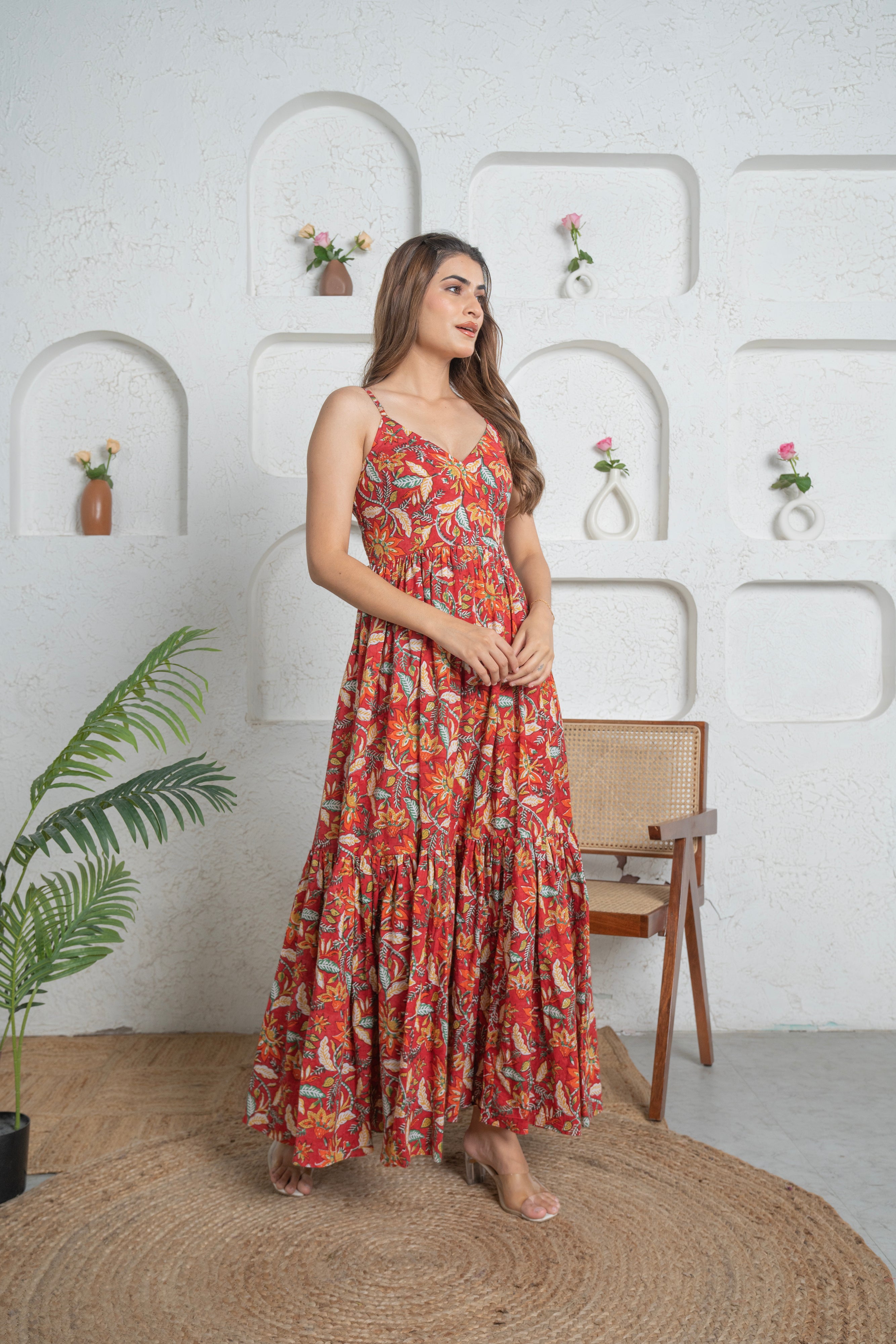 Women Red Floral Cotton Maxi Dress