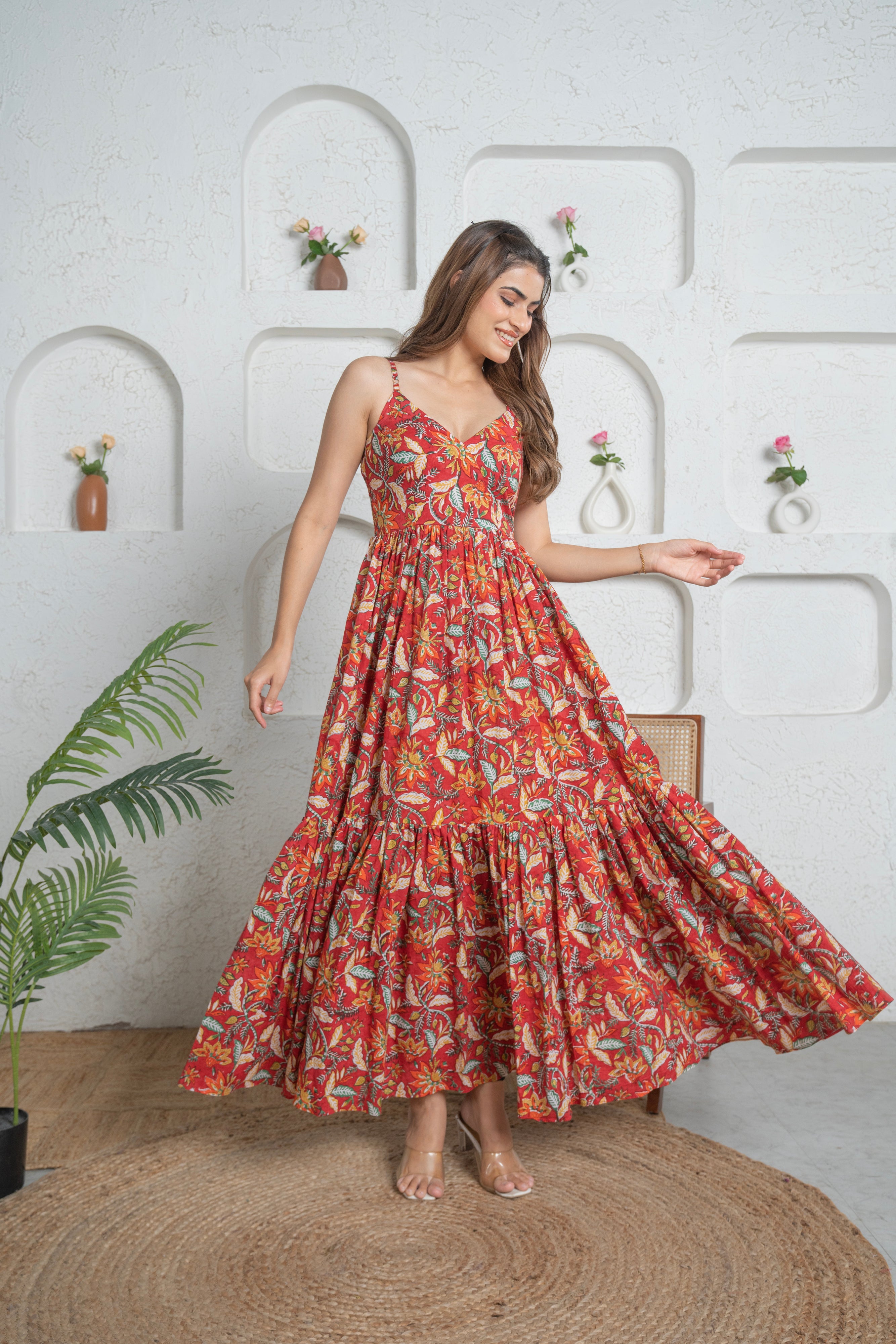 Women Red Floral Cotton Maxi Dress