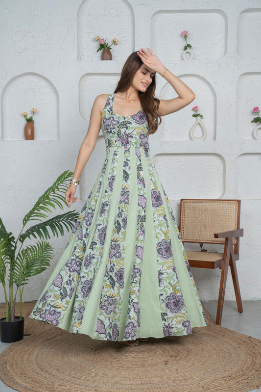 Green Backless Long Anarkali Dress