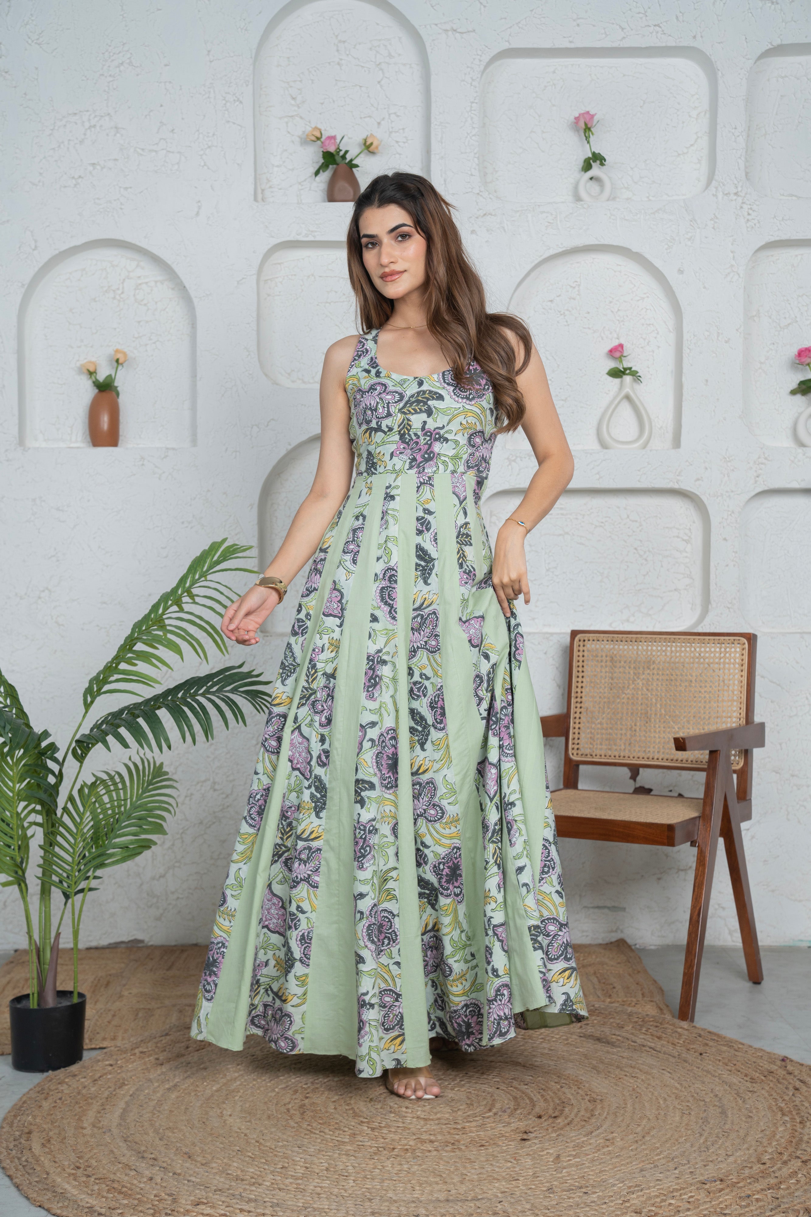 Green Backless Long Anarkali Dress