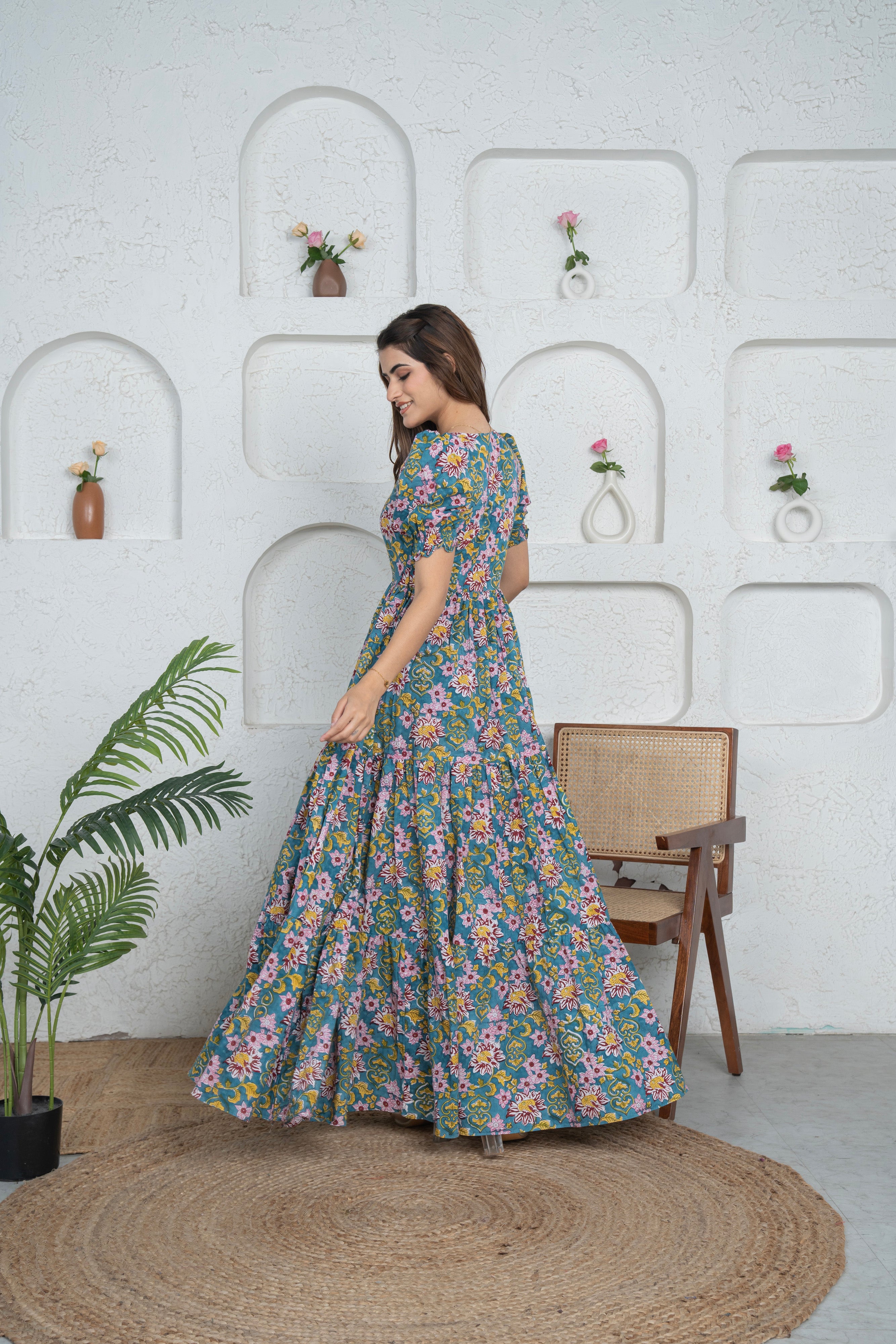 Bibbojaan Long Floral Cotton Tier Dress