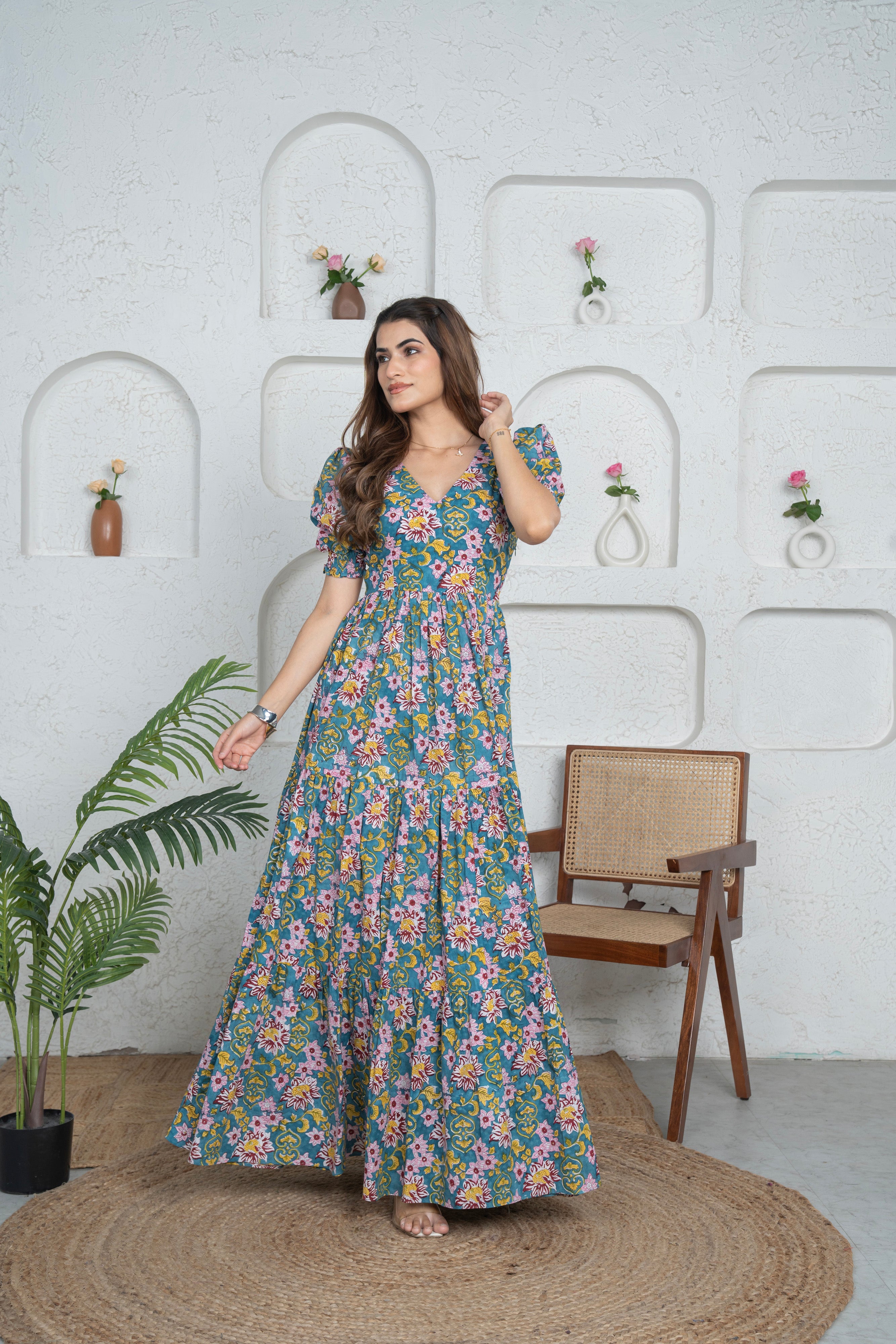 Bibbojaan Long Floral Cotton Tier Dress