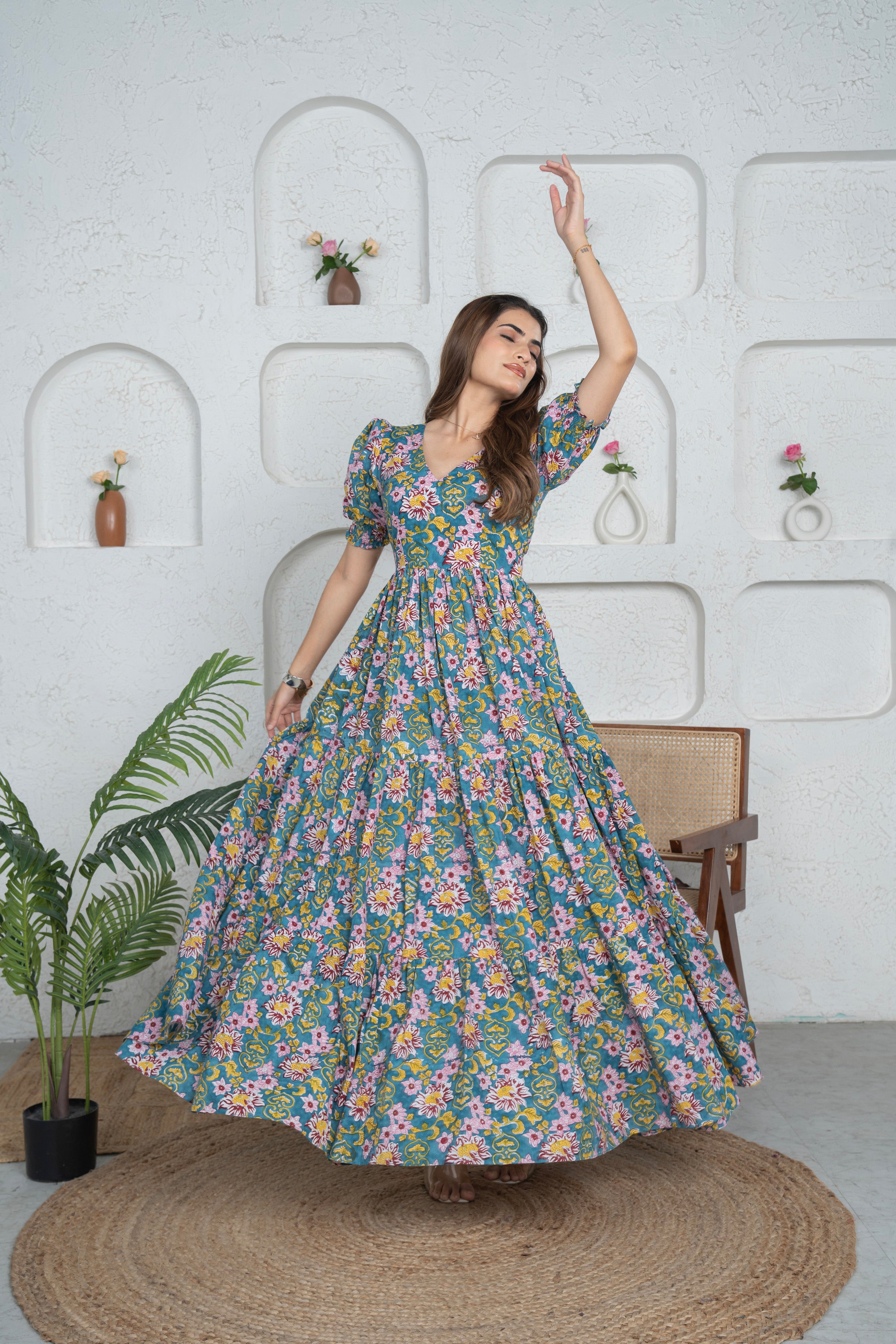 Bibbojaan Long Floral Cotton Tier Dress