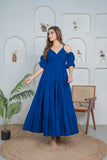 Mohey Solid Blue Cotton Long Tier Dress