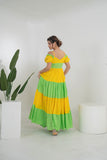 Mohey Solid Yellow Green Cotton Long Tier Dress
