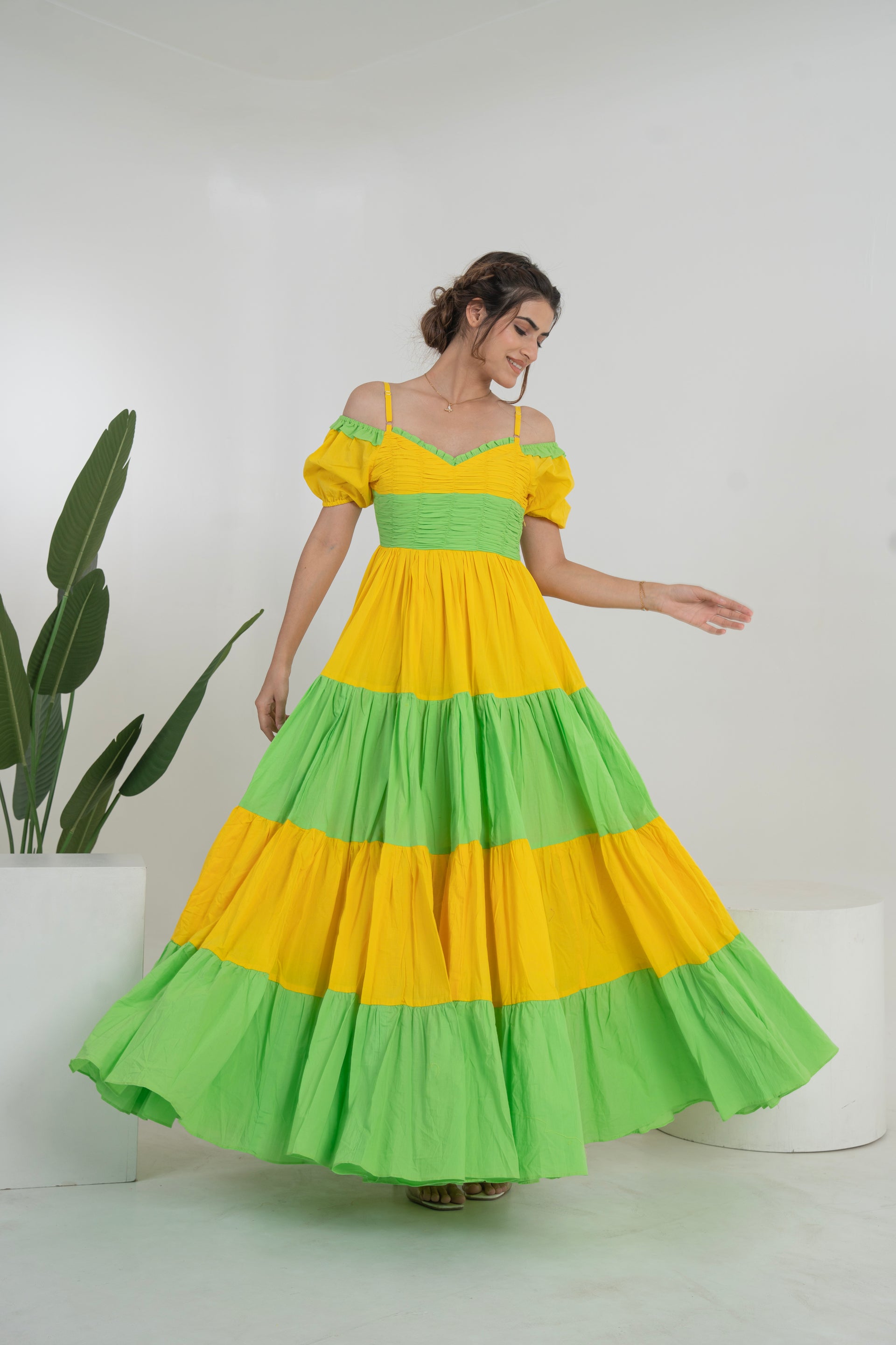 Mohey Solid Yellow Green Cotton Long Tier Dress Mohey Solid Yellow Green Cotton Long Tier Dress