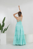 Cyan Solid Backless Cotton Long Tier Dress