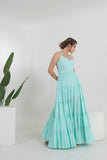 Cyan Solid Backless Cotton Long Tier Dress