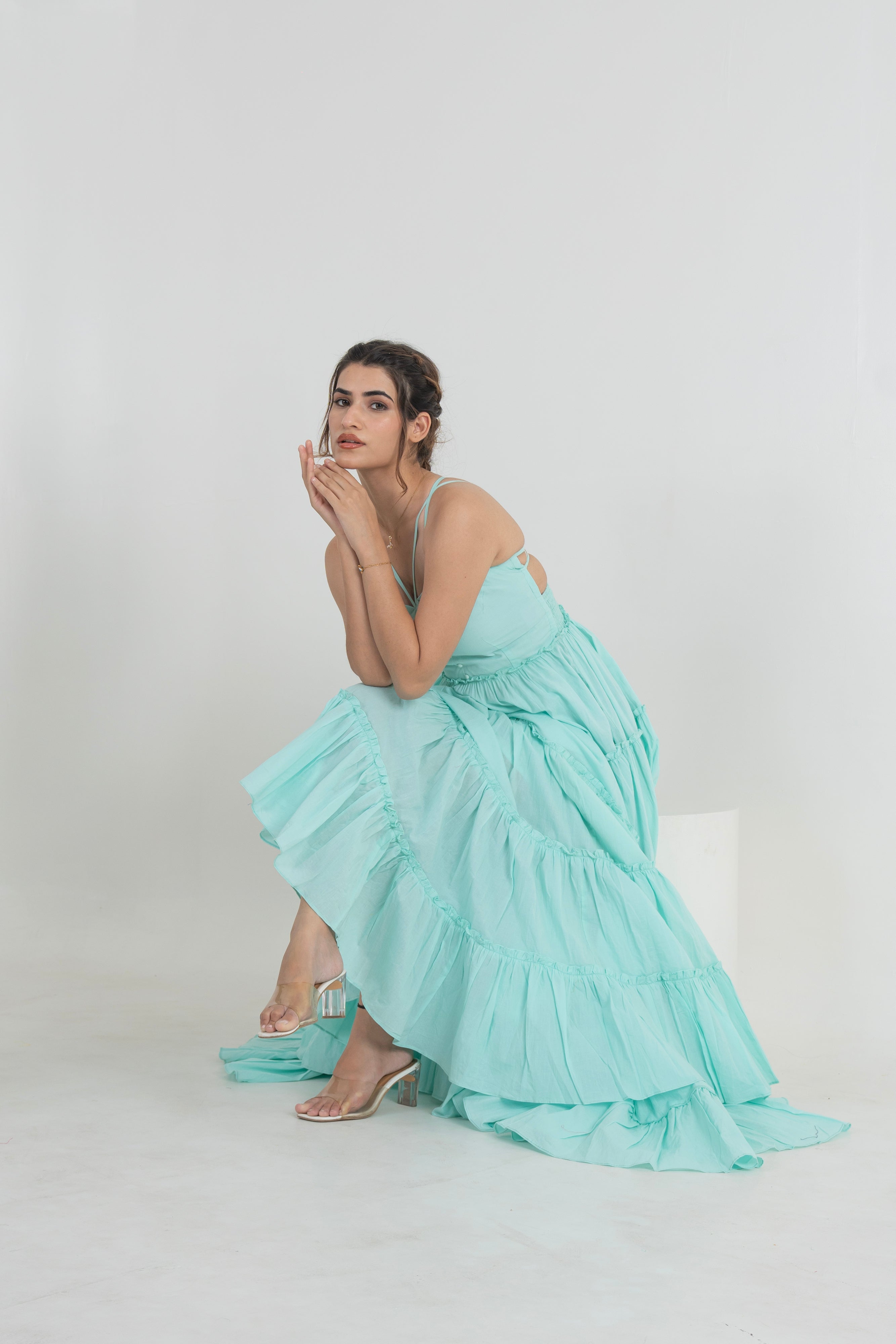 Cyan Solid Backless Cotton Long Tier Dress