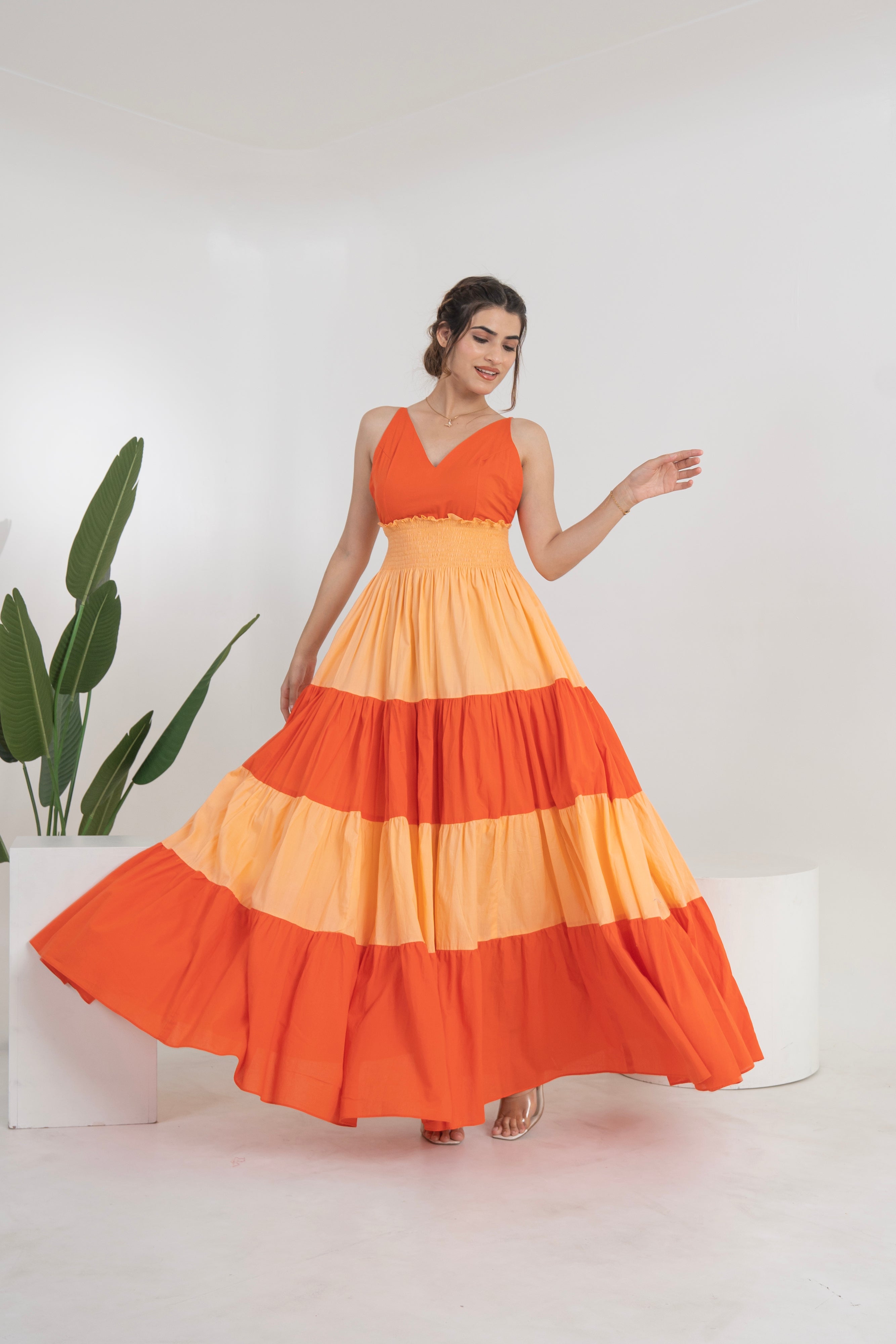 Egowali  Solid Orange Cotton Long Dress