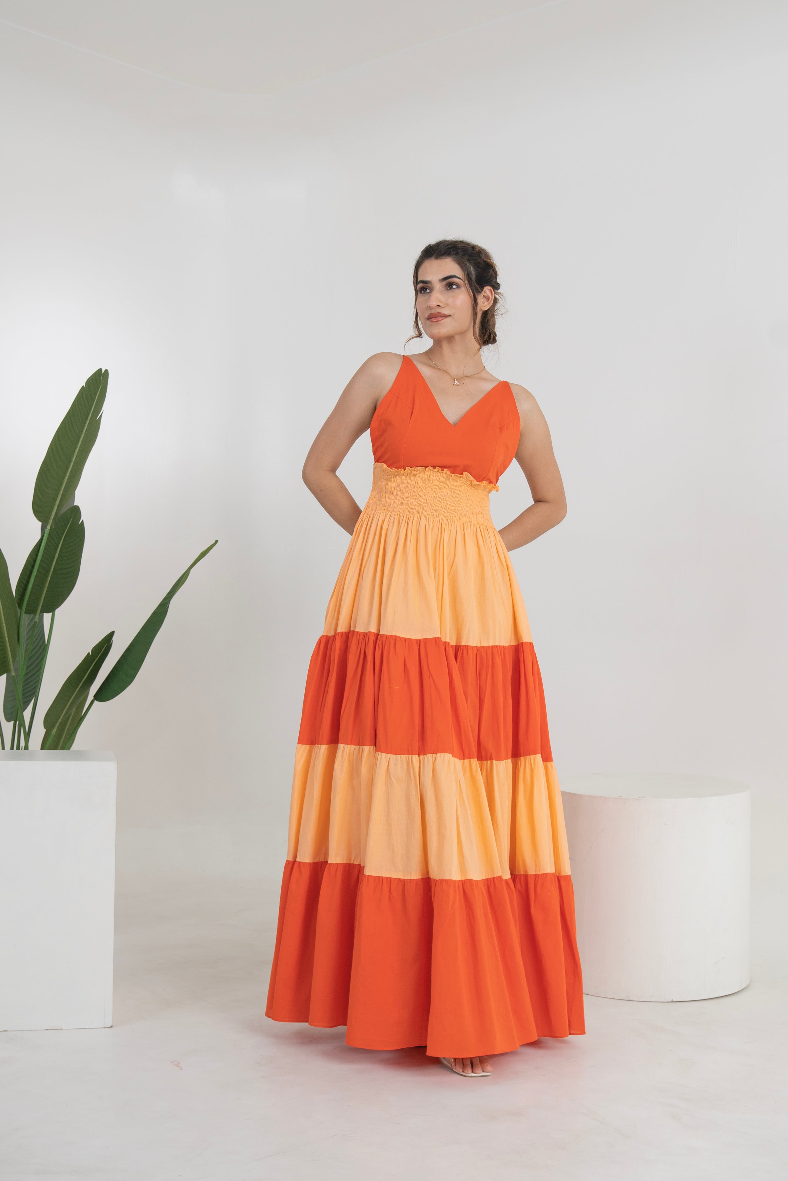 Egowali  Solid Orange Cotton Long Dress