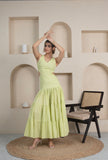 Sonali Solid Green Cotton Tier Long Dress